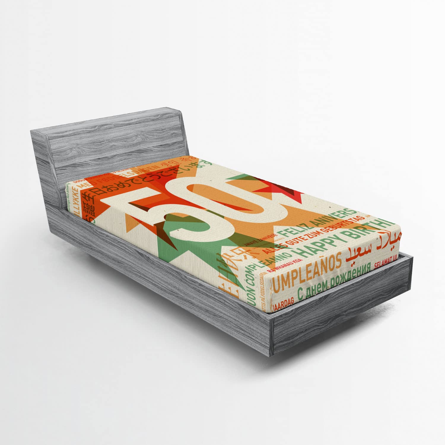 Ambesonne 50th Birthday Fitted Sheet - Multilingual Happy Birthday Retro Design with Stars Print, Deep Pocket Elastic Twin Size Bed Sheet in Green Red Orange - Perfect for Birthday Parties, Room Decor & Photo Backdrops