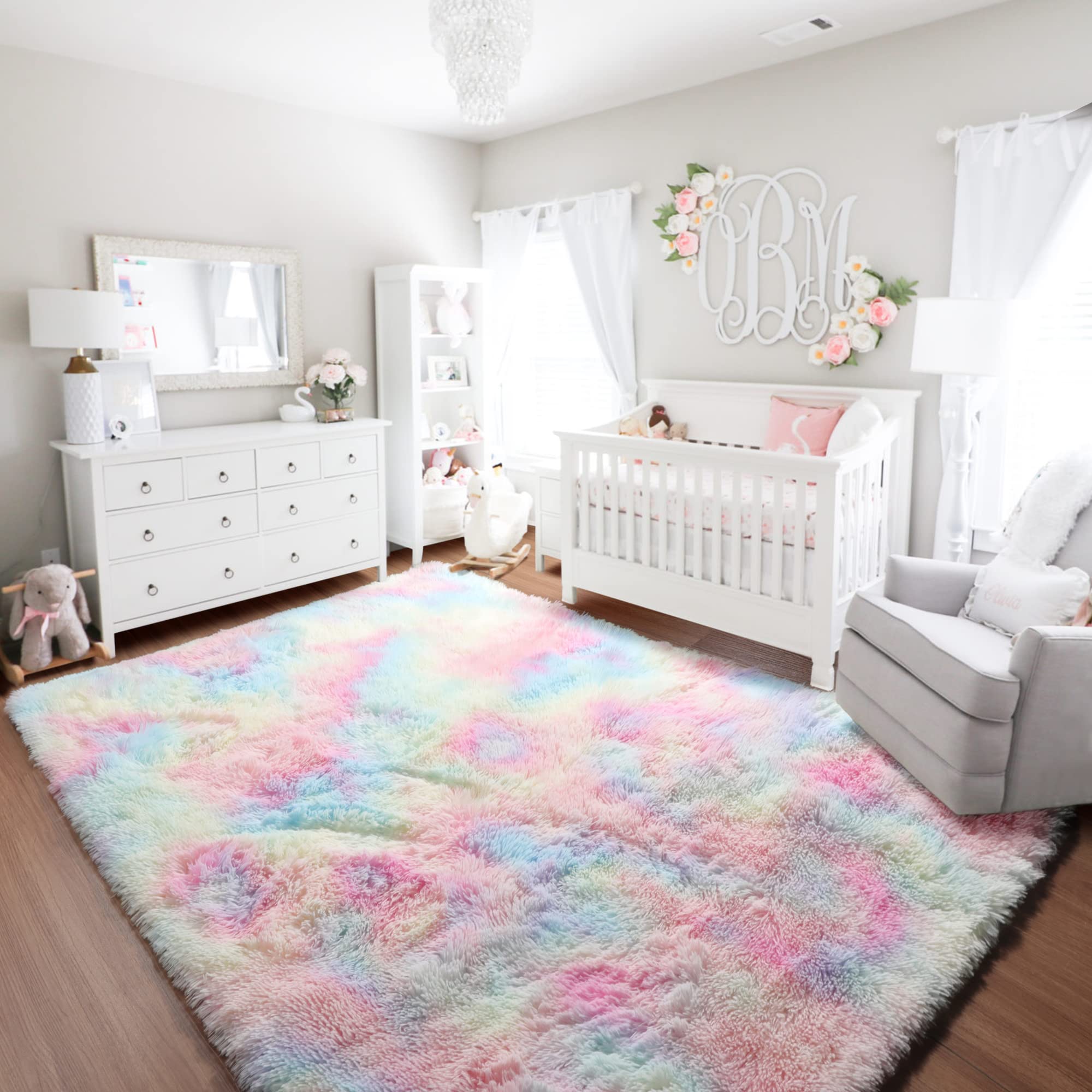 **BSTLUV 8x10 Fluffy Rainbow Rugs for Girls Bedroom - Shaggy Plush Carpet, Super Soft Large Area Rug for Living Room, Nursery, Playroom, Kids & Baby Room Decor - Perfect for Cozy Playtime & Stylish Home Decor**