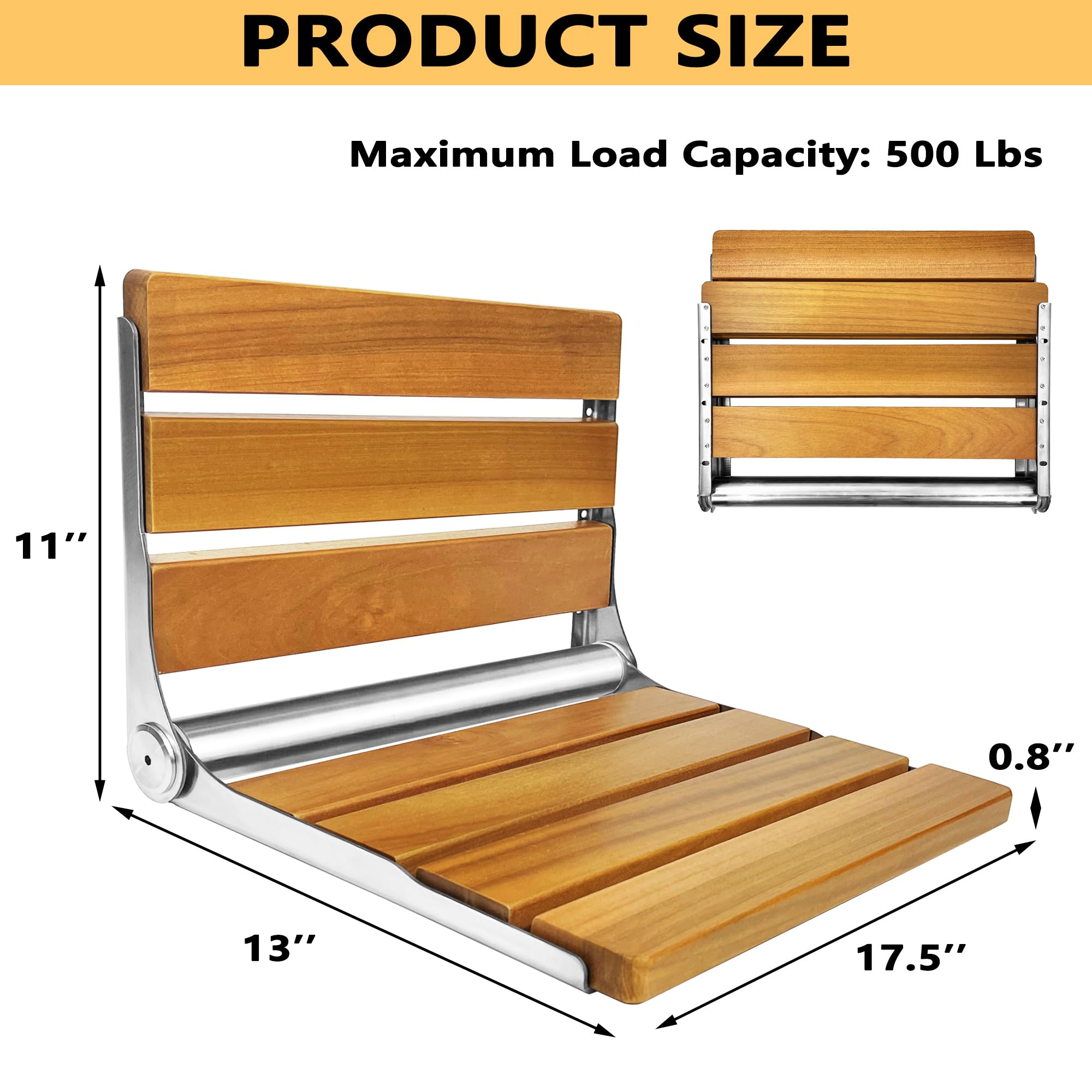 Premium Folding Teak Shower Seat - Stainless Steel Bath Safety Stool for Elderly & Disabled - Foldable Shower Bench with Non-Slip Feet - Perfect for Bathroom, Spa & Assisted Living Facilities