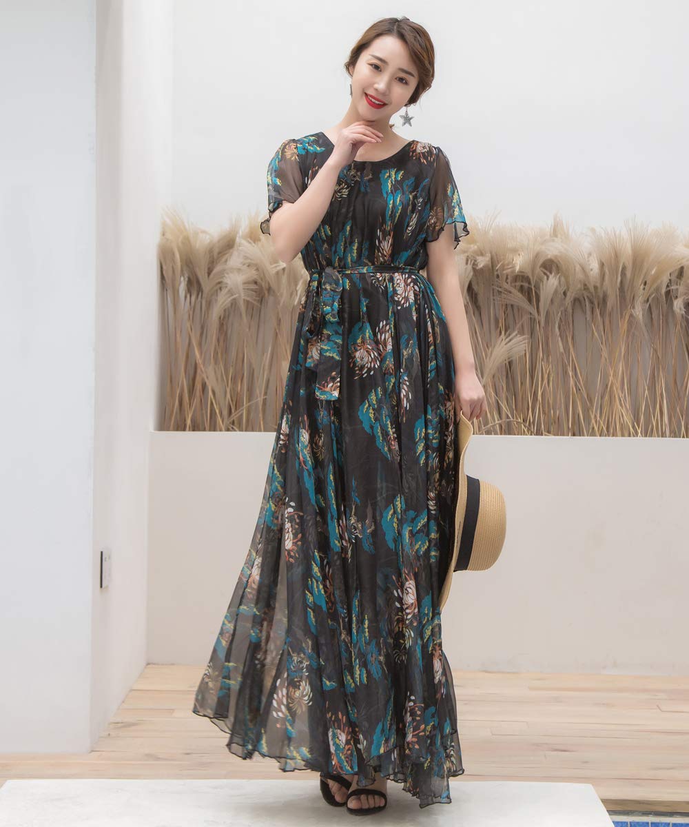 MedeShe Women's Short Sleeve Floral Bohemian Maxi Dress - Summer Beach Dress for Vacation, Party & Casual Wear