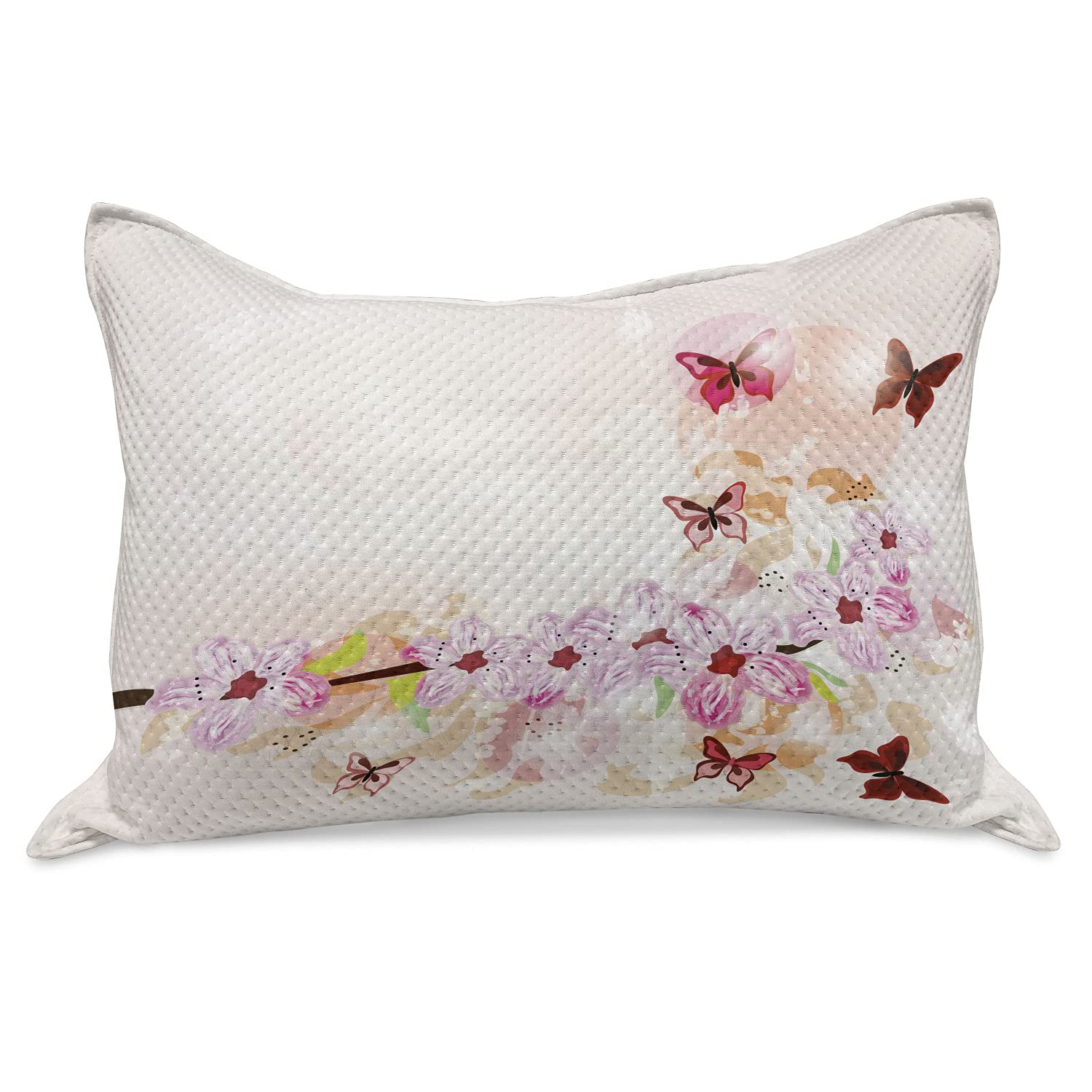 Ambesonne Peach Knitted Quilt Pillow Cover - Spring Floral Design with Butterflies & Wildflowers, Standard King Size 36