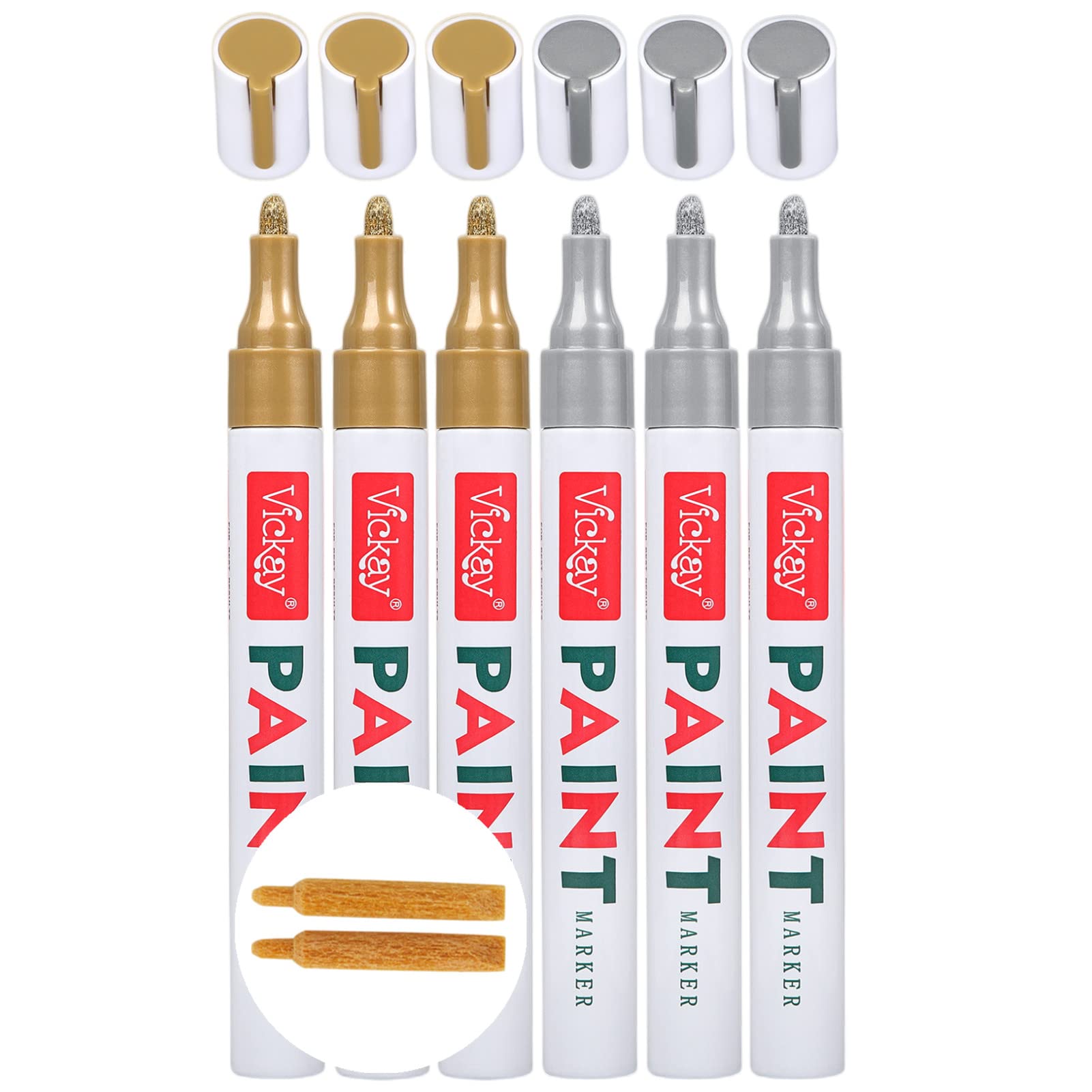 6 Pack 2.0mm Acrylic Paint Markers - Permanent Oil-Based Paint Pens for Ceramic, Glass & Stone (Gold & Silver) - Includes 2 Extra Chisel Tips - Perfect for DIY Crafts, Home Decor & Art Projects