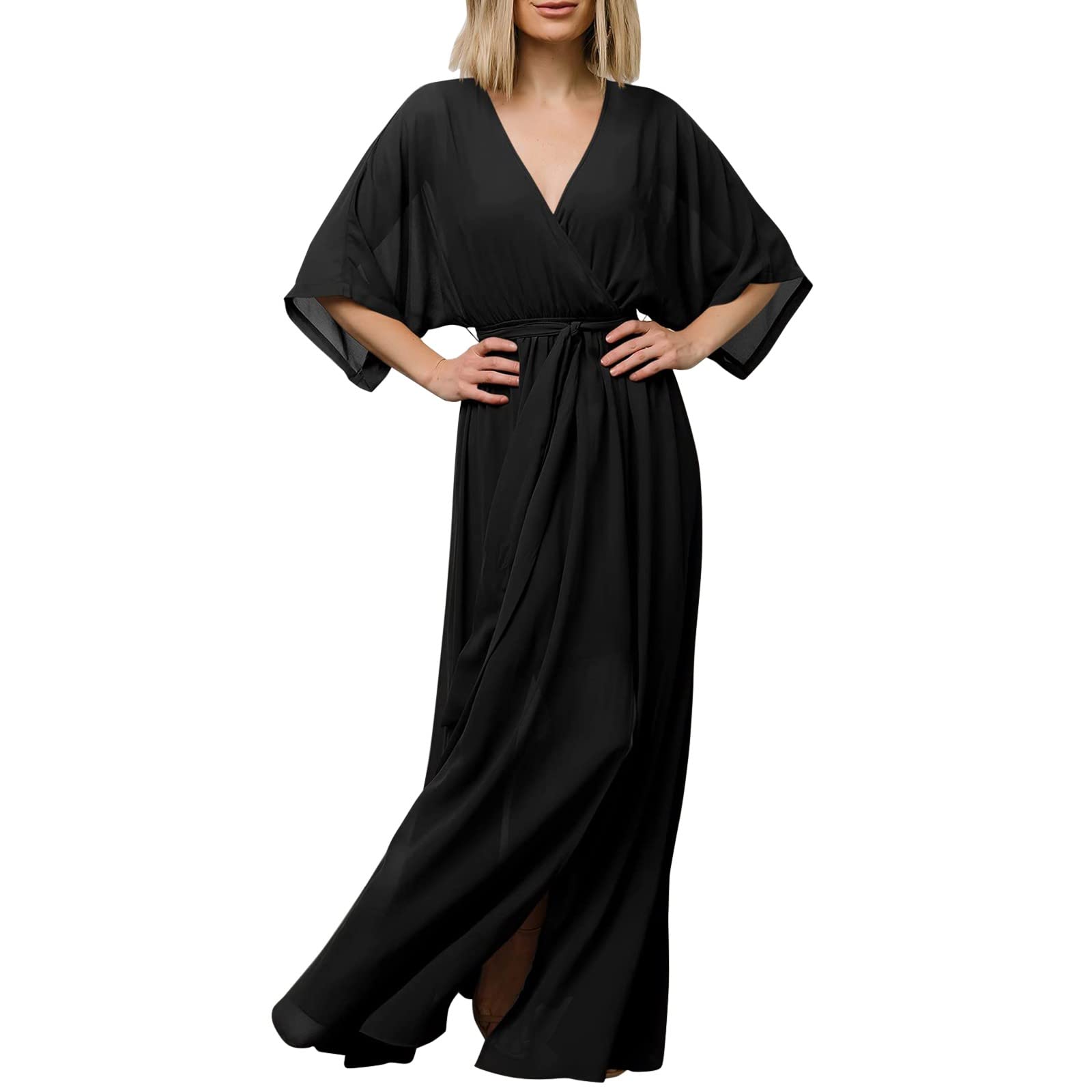 Boho Floral Embroidered Maxi Dress for Women - Summer Short Sleeve V-Neck Tiered Ruffle Flowy Long Dress - Perfect for Beach Vacations, Music Festivals & Date Nights