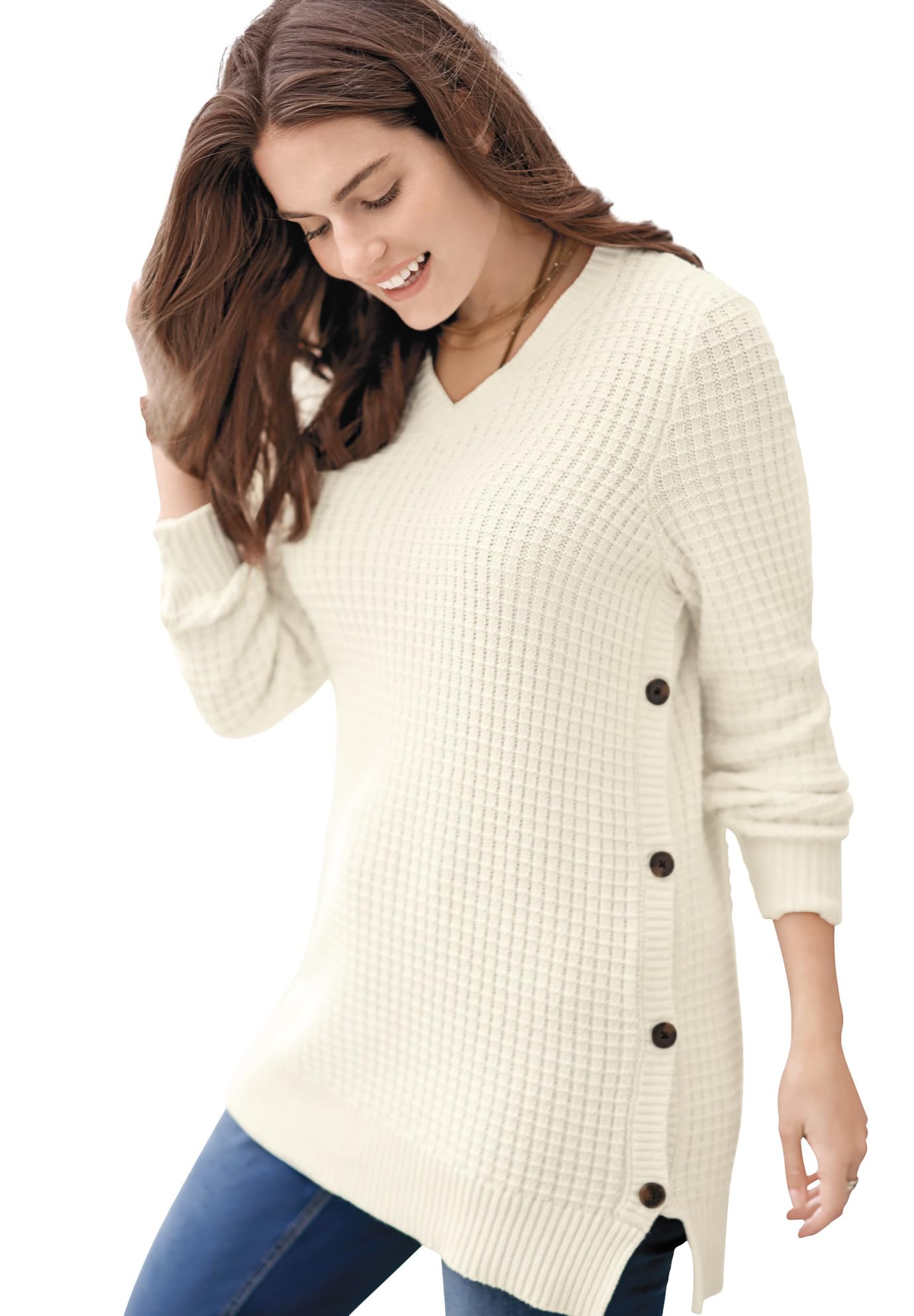 Women's Plus Size Side Button V-Neck Waffle Knit Sweater - Cozy Casual Pullover for Fall & Winter | Perfect for Work, Date Night & Weekend Outfits