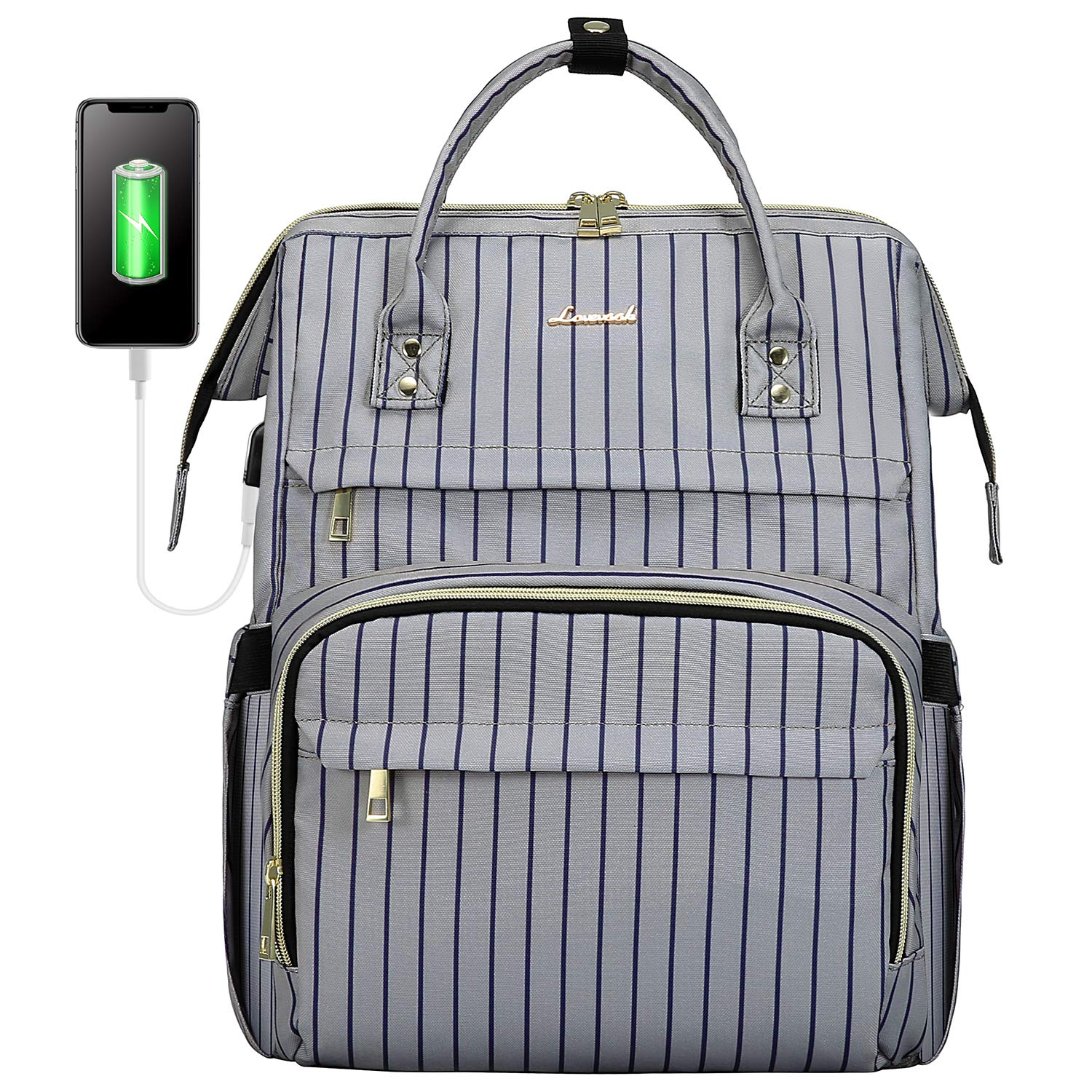 LOVEVOOK Women's Laptop Backpack with USB Charging Port - Stylish Plait Design Work Bag, Travel Computer Bag with Luggage Strap, Bookbag for College & Office (All Stripe Grey) - Perfect for Business Travel, Commuting & School Use