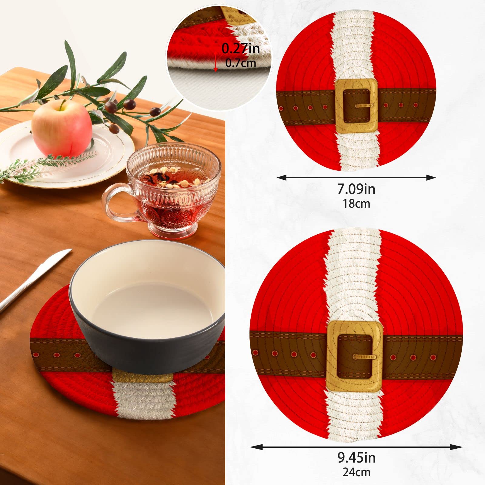 Christmas Belt Buckle Pot Holders - Set of 2 Heat Resistant Cotton Round Kitchen Potholders with Thread Weave Design for Stovetop & Oven Use - Perfect Holiday Home Decor & Coasters for Christmas Dinner Party