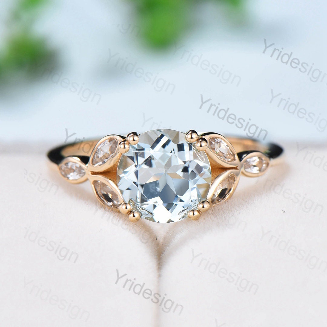 Natural Aquamarine Engagement Ring - Solid 14K/18K Rose Gold, White Topaz Vintage Ring - March Birthstone Jewelry with Unique Floral Design - Perfect for Weddings, Anniversaries & Gift Giving