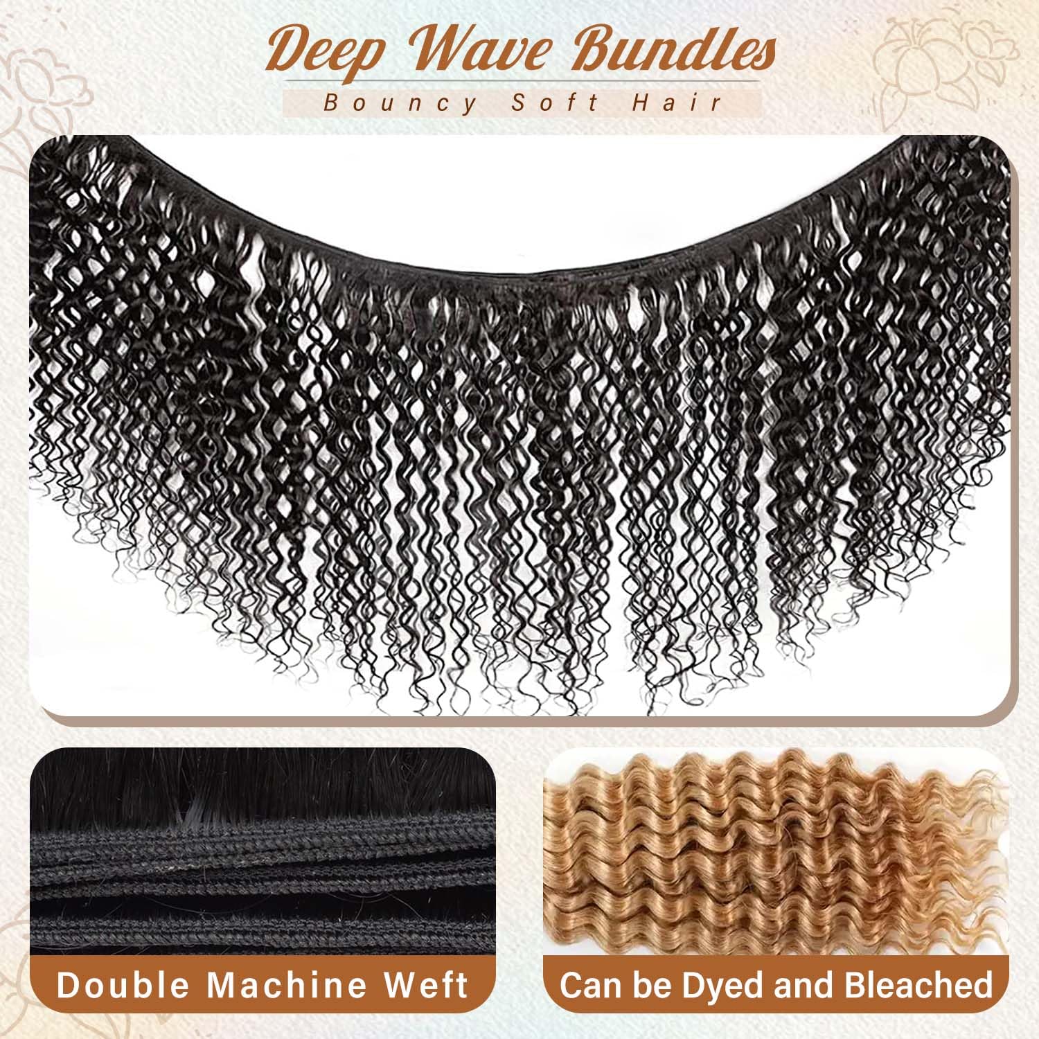 12A Deep Wave Brazilian Virgin Human Hair Bundles 22 24 26 Inch - 3 Pcs 100% Unprocessed Remy Hair Extensions - Natural Black Water Wave for Stunning Curly Weave & Everyday Glamorous Hairstyles