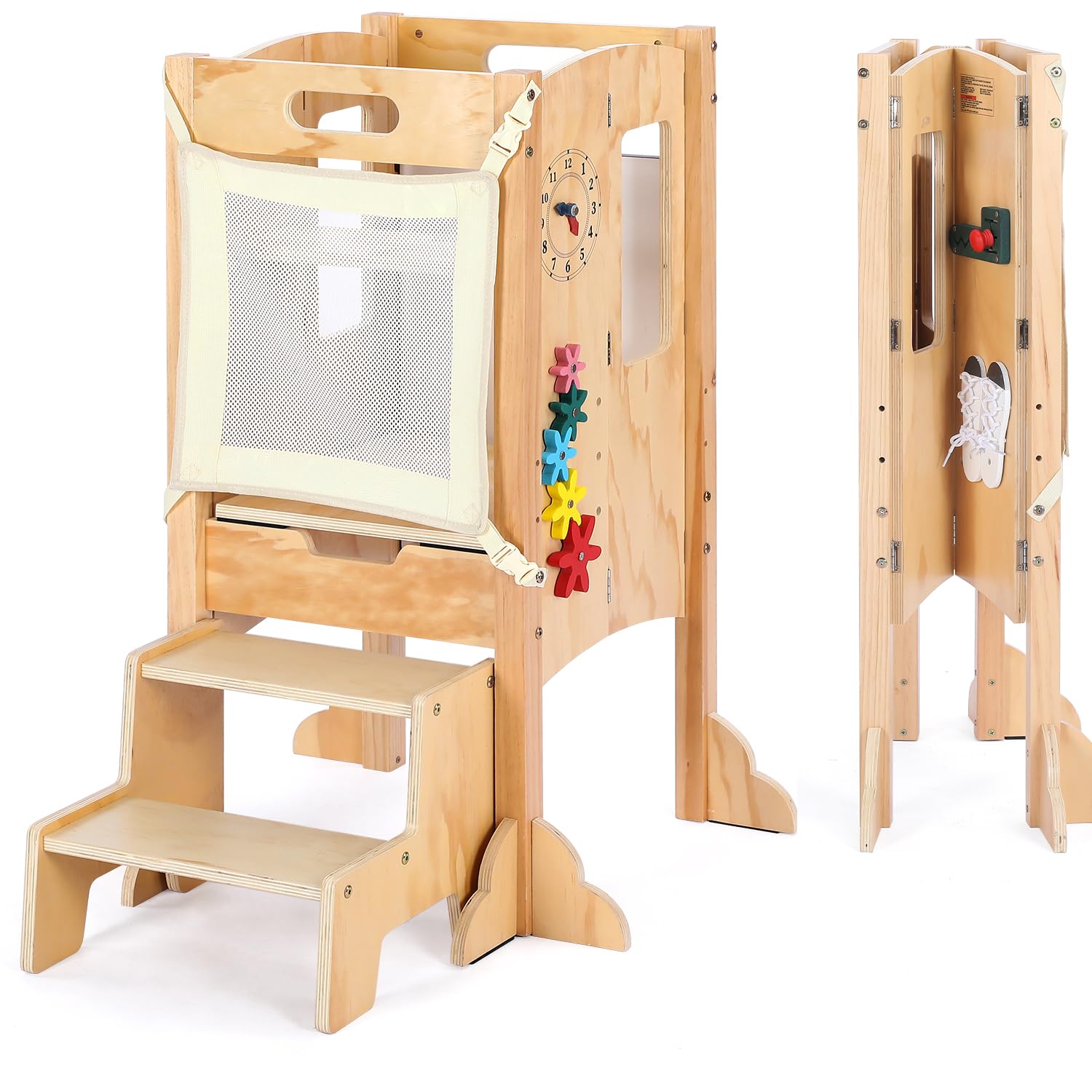 **Foldable Toddler Tower & Step Stool - Adjustable Height Montessori Learning Tower with Blackboard & Toys for Kitchen, Playroom & Homeschooling**