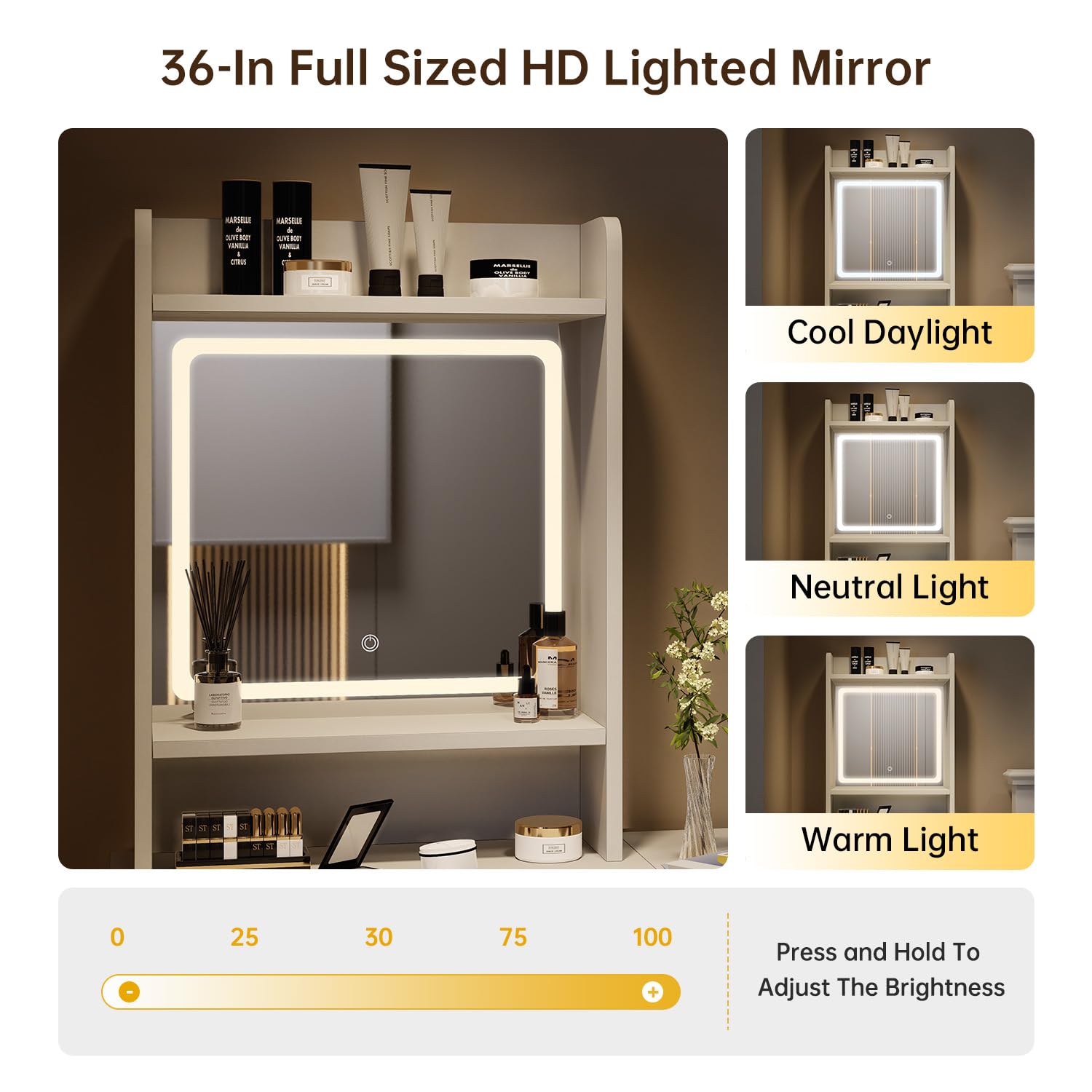 Oneinmil Small Makeup Vanity Desk with Adjustable LED Mirror & Chair - 3 Lighting Modes, Compact Dressing Table for Small Spaces, White Bedroom Vanity Set - Perfect for Makeup Application, Skincare Routine & Home Decor