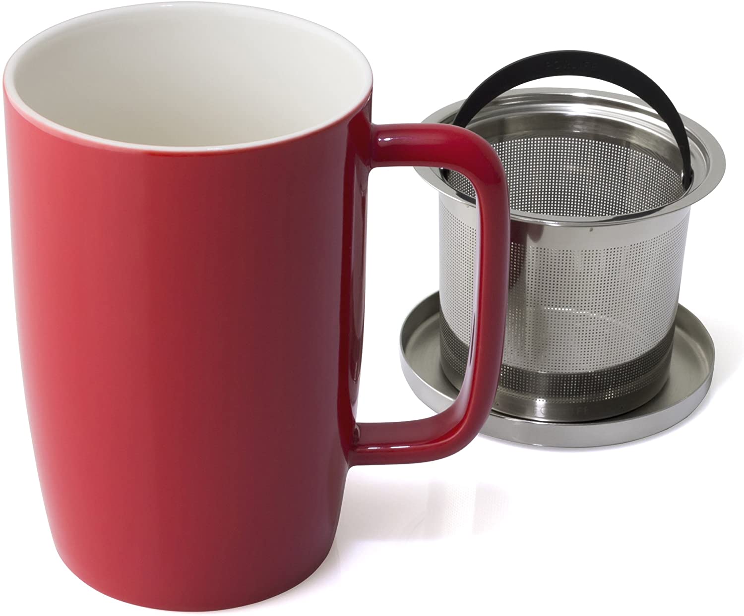 FORLIFE Dew Glossy Finish Tea Infuser Mug with Removable Basket & Mirror Stainless Steel Lid - 18oz Red - Perfect for Loose Leaf Tea Brewing at Home, Office or Gifts