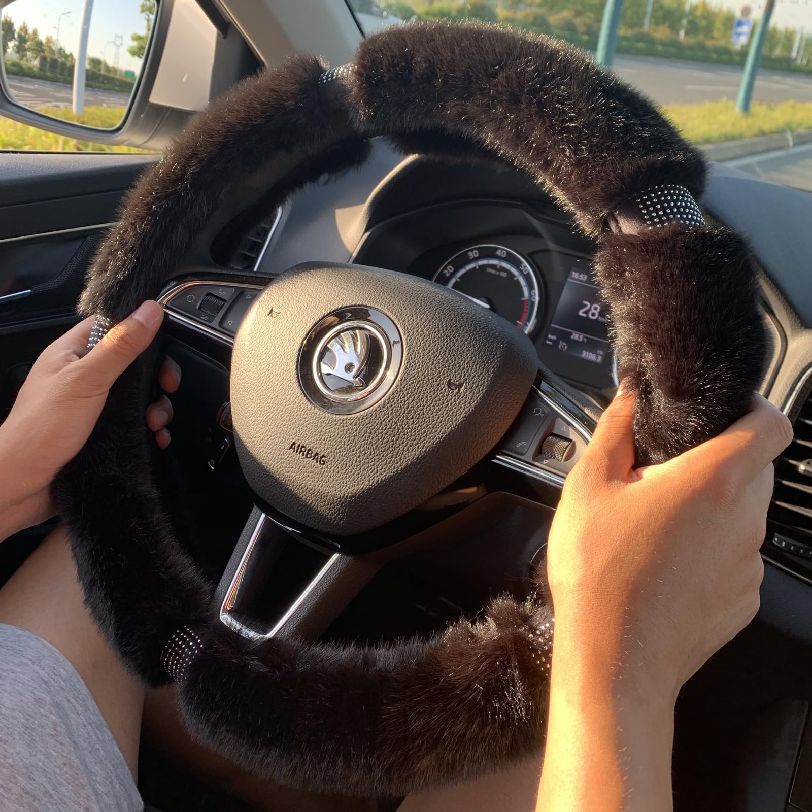 Fluffy Rhinestone Steering Wheel Cover - 15 Inch Universal Winter Warm Car Accessory for Women & Girls (Black) | Soft & Stylish for Cold Weather Driving Comfort