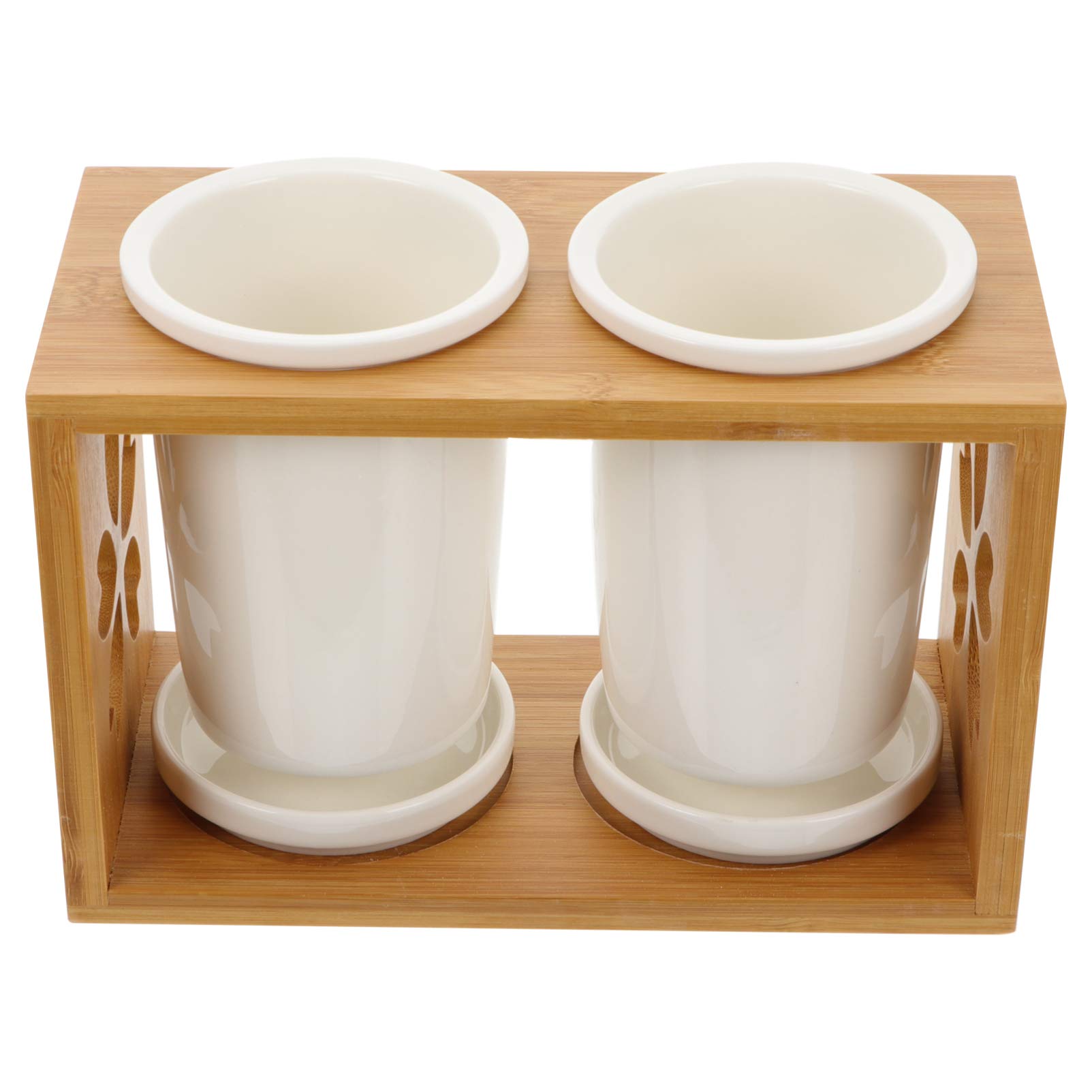 Cabilock Ceramic & Wood Flatware Organizer - Kitchen Utensil Caddy for Spoons, Forks, Chopsticks - Stylish Silverware Holder for Dining Table, Buffet, and Countertop Organization