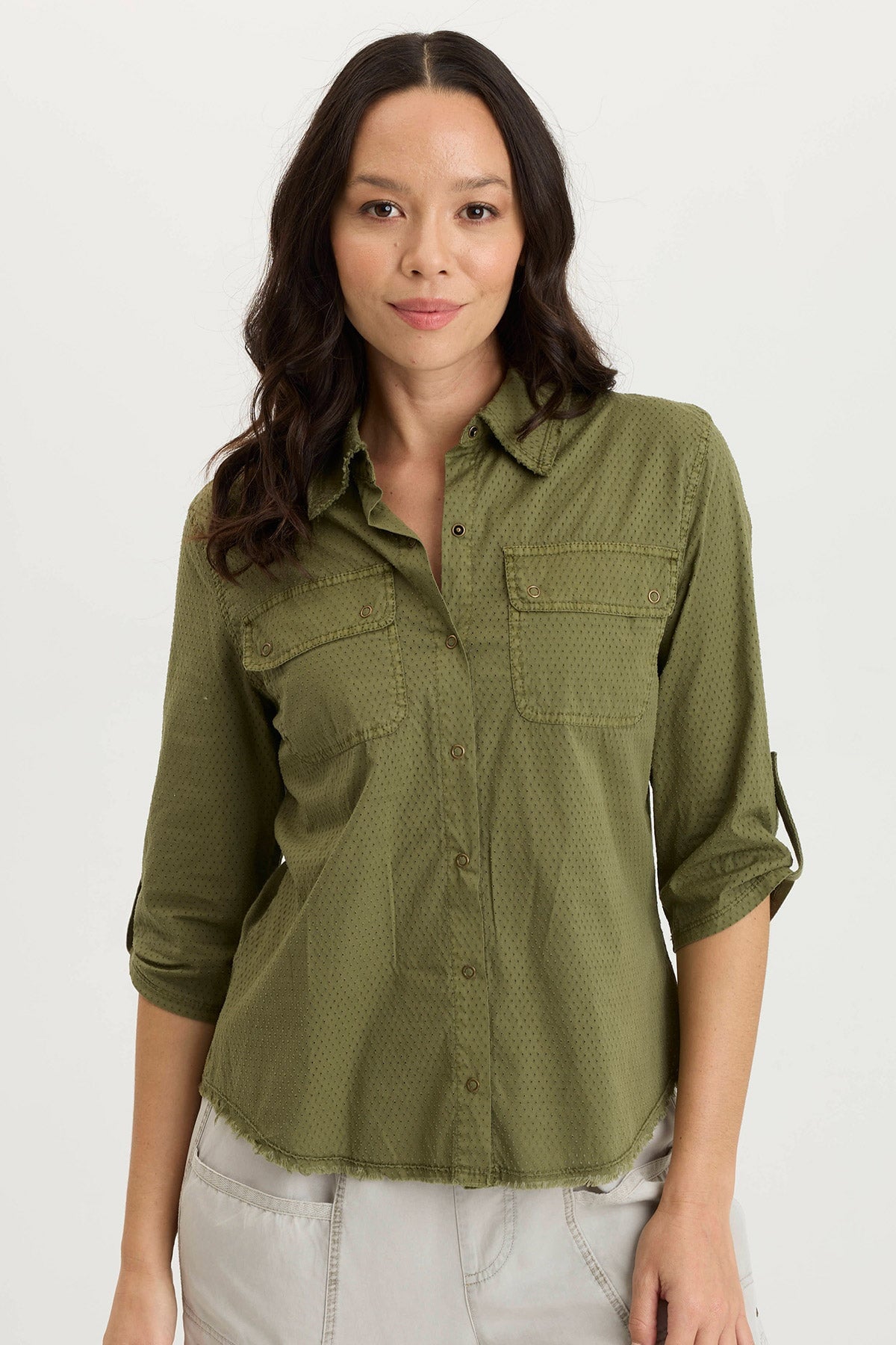 Arvin Perforated Poplin & Jersey 3/4 Sleeve Snap Up Top for Women - Breathable Summer Blouse for Casual Outings and Office Wear