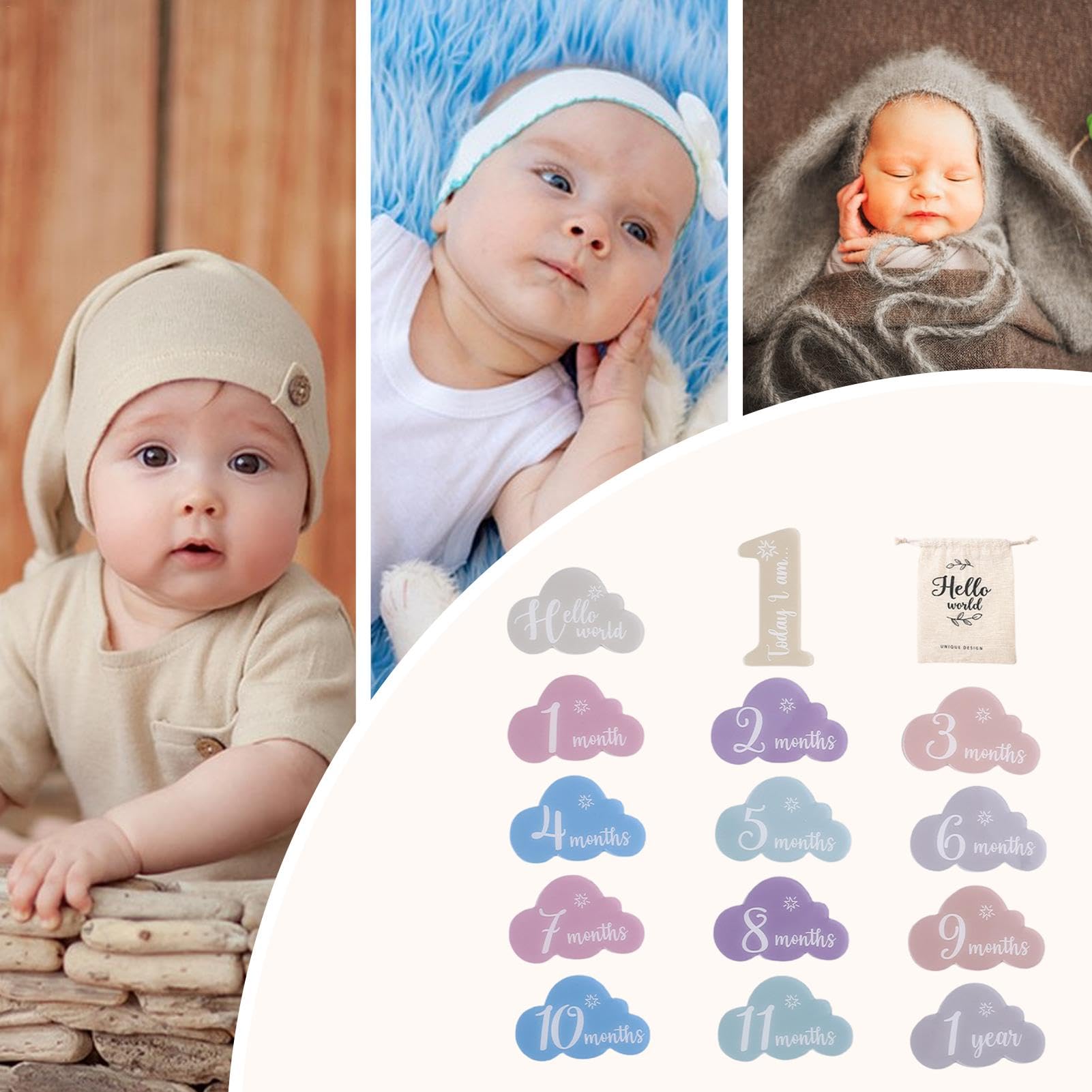 Baby Month Milestone Markers - Cloud-Shaped Acrylic Photo Props for Boys & Girls | Newborn Monthly Growth Tracking Cards | Perfect for 1-12 Month Photos, Baby Announcements & First Birthday Decor