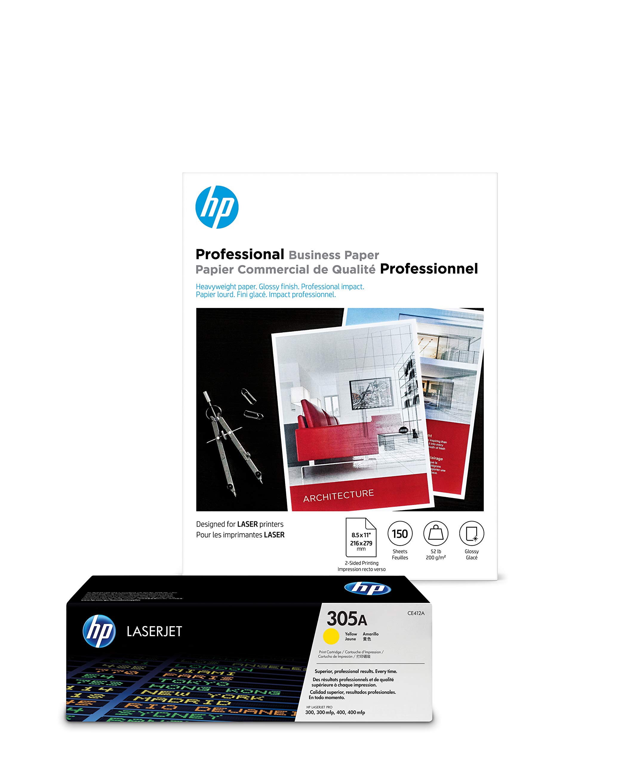 HP 305A Yellow Toner Cartridge & HP Brochure Paper 8.5x11 150 Sheets Glossy Finish - Compatible with HP Laser Printers for Office Documents, Flyers, and Professional Presentations