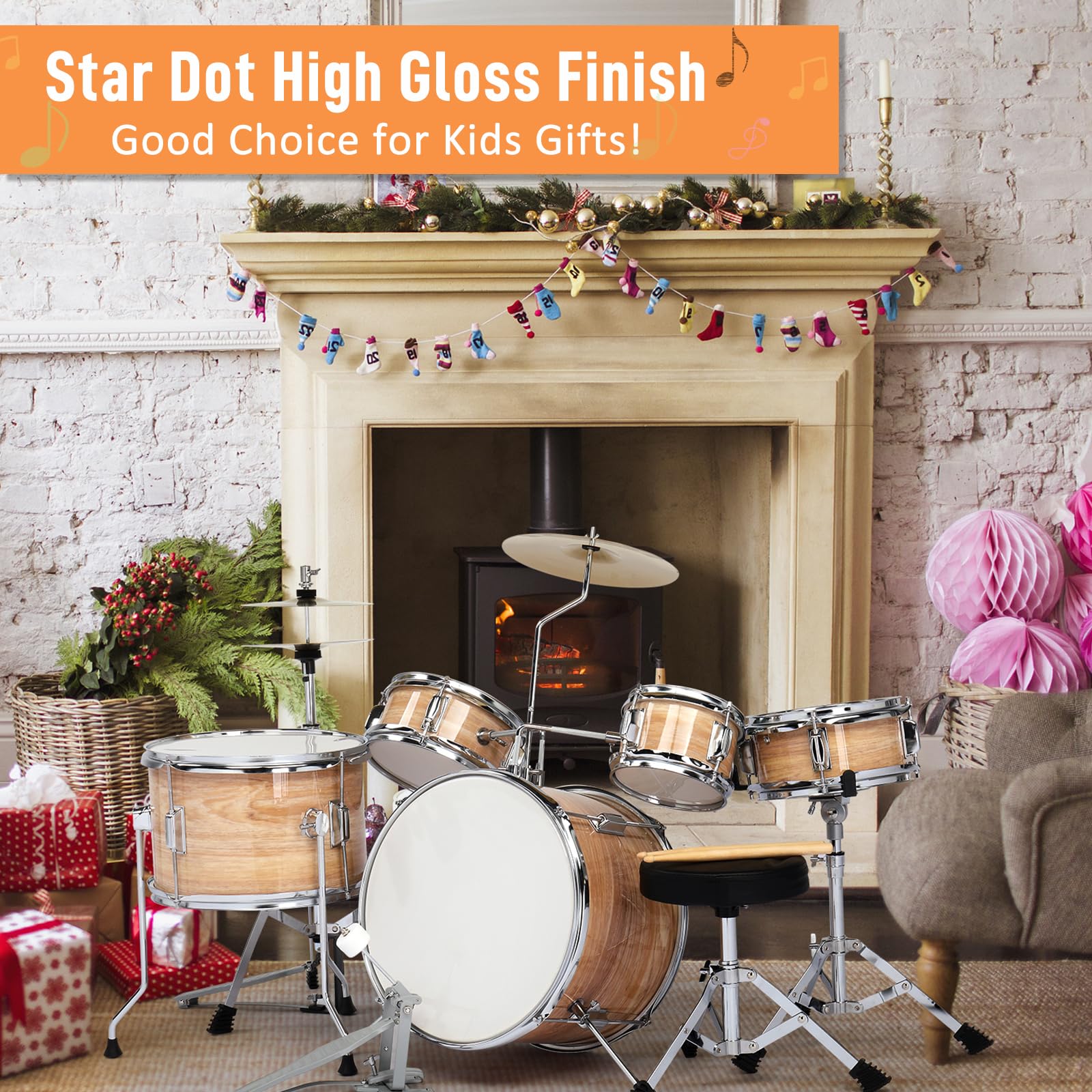 14 Inch 5-Piece Junior Drum Set Complete with Cymbals, Hi-Hat Stand, Sticks, Pedal & Stool - Perfect Wooden Drum Kit for Kids Beginners - Ideal for Home Practice, Music Lessons & Rock Band Performances