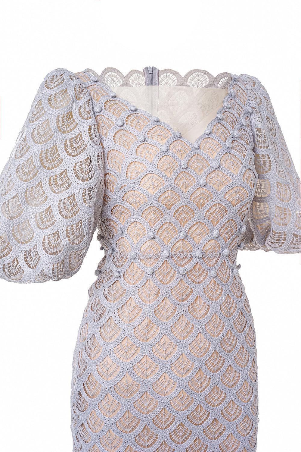 Elegant Ciara Trumpet Bishop Sleeve Lace Midi Dress for Women - Perfect for Weddings, Parties & Special Occasions
