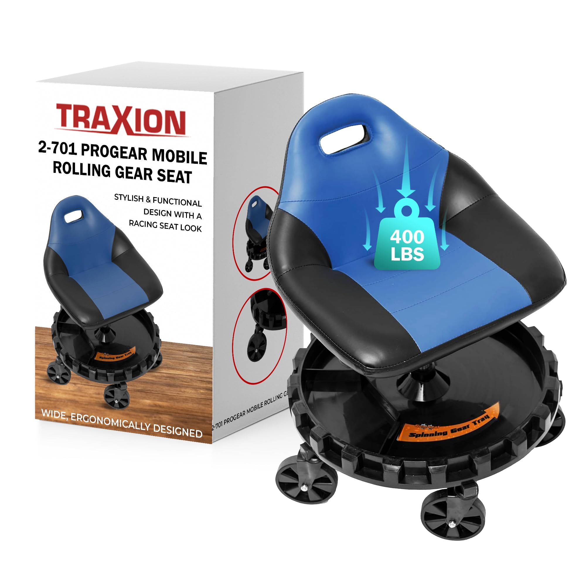 Traxion Progear 400lb Capacity Mobile Rolling Gear Seat - Heavy Duty Blue Workshop Stool with Black Carbon Fiber for Mechanics, DIY & Garage Use
