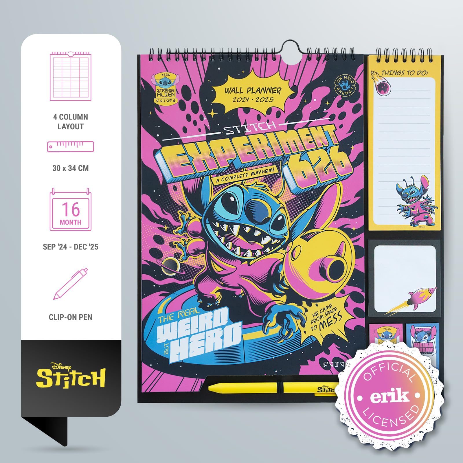 Disney Stitch 2025 Wall Calendar Planner - 16 Months (September 2024 to December 2025) - 11.8 x 13.4 Inches (30 x 34 cm) with Stickers, Pen & Shopping List - Perfect for Home, Office & School Organization - Cute Stitch Themed Gifts for Disney Fans