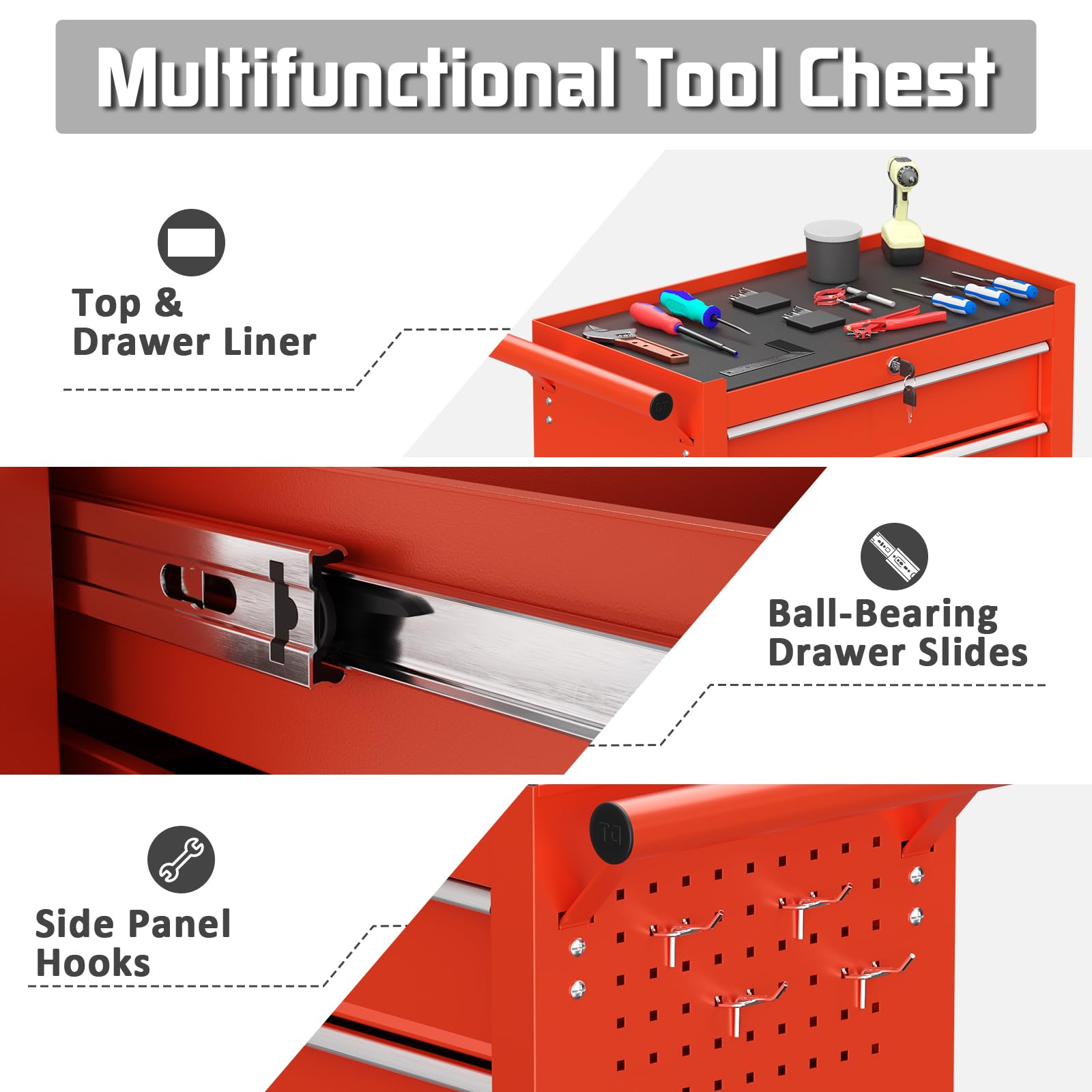 5-Drawer Rolling Tool Chest with Wheels - Heavy Duty Metal Storage Cabinet with Lockable Drawers & Liners - Perfect for Garage, Workshop, and Auto Repair Shop Organization (Red)