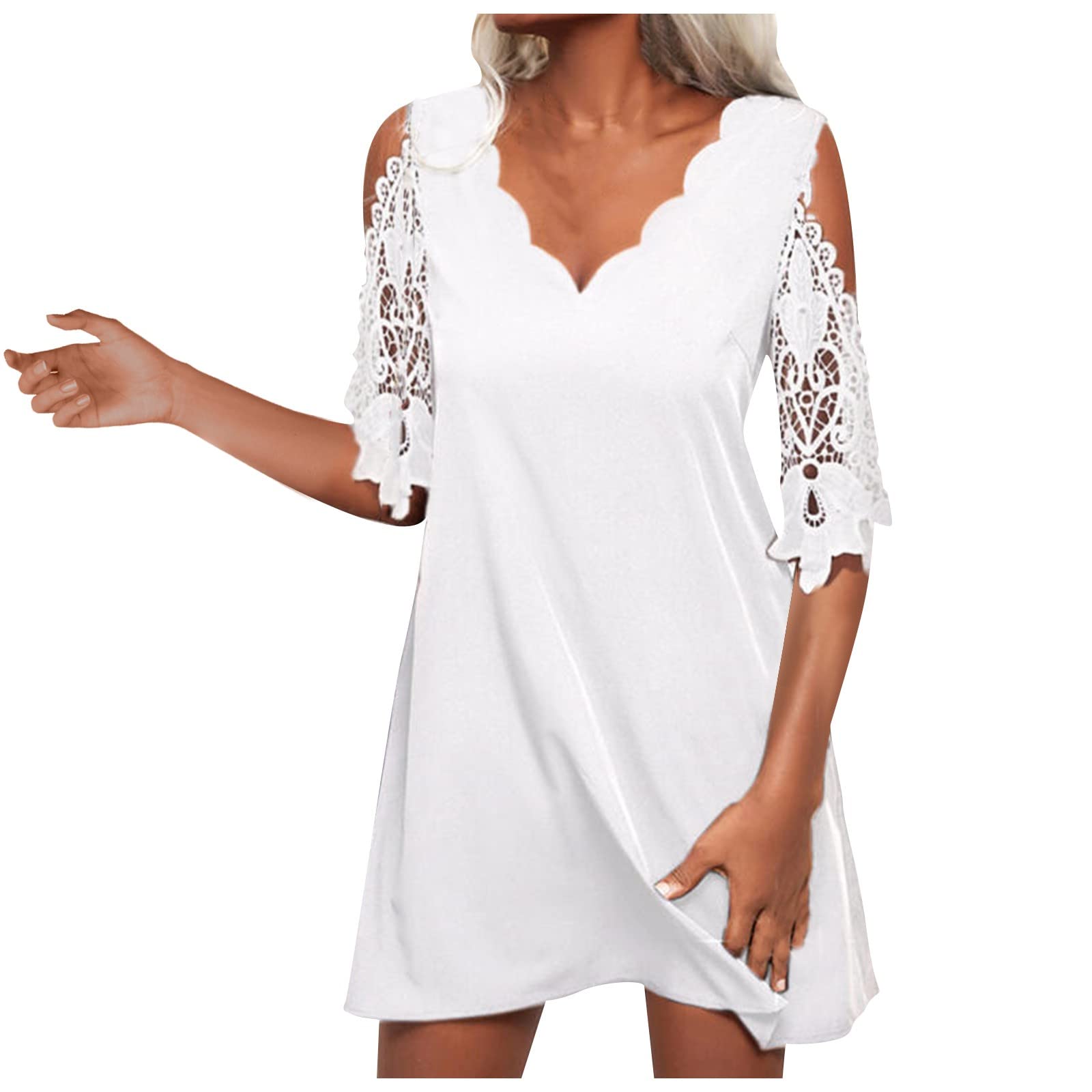 Sexy V-Neck Summer Dress for Women - Short Sleeve Ruffle Sundress with Patchwork Lace Detail, Plus Size Vacation Dress | Perfect for Beach, Holiday & Party Wear