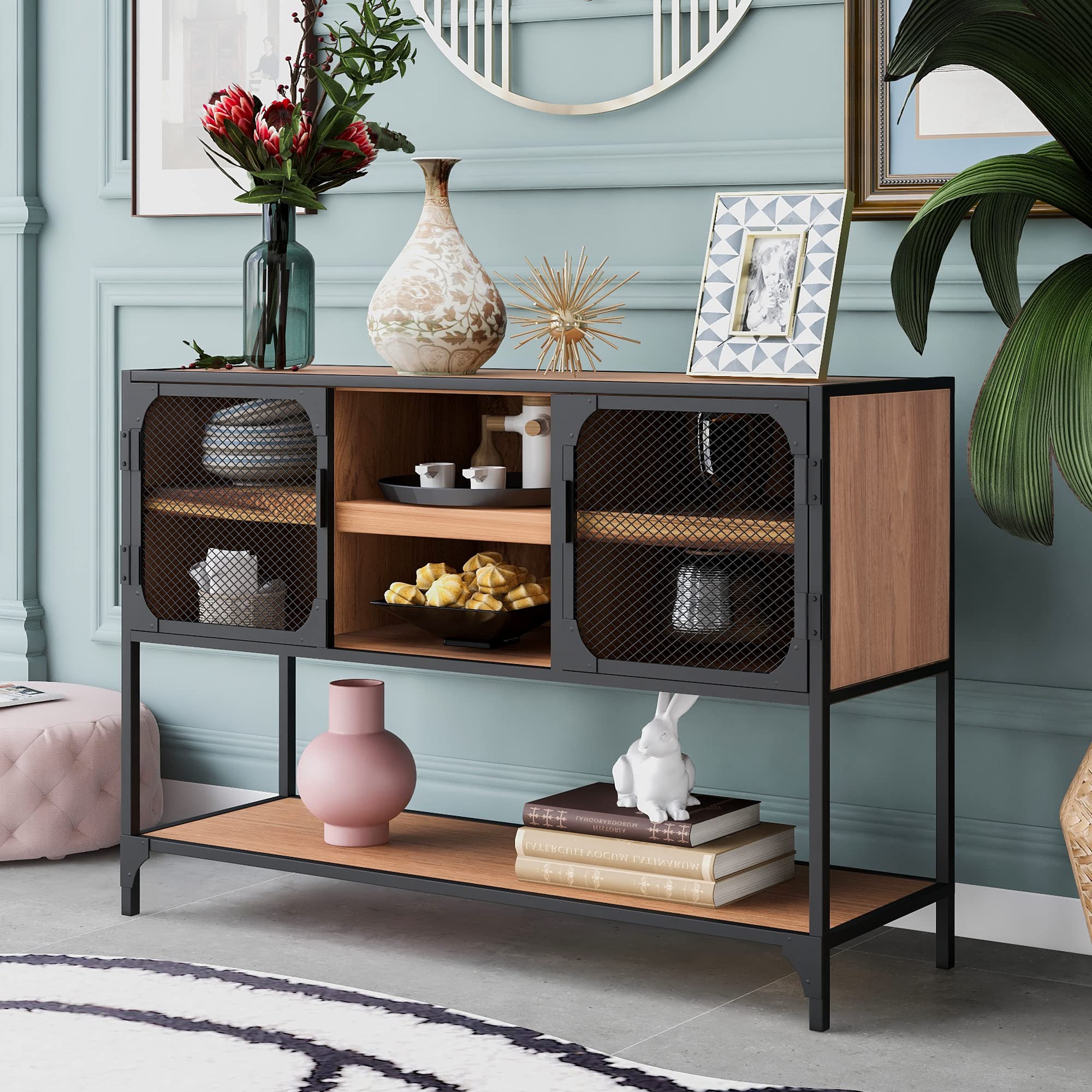 Vintage Industrial Console Table with Metal Grid Door - Rustic TV Stand with 3 Thick Shelves for Living Room, Hallway, Kitchen & Home Decor - Farmhouse Barnwood Style for Cozy Interior Design