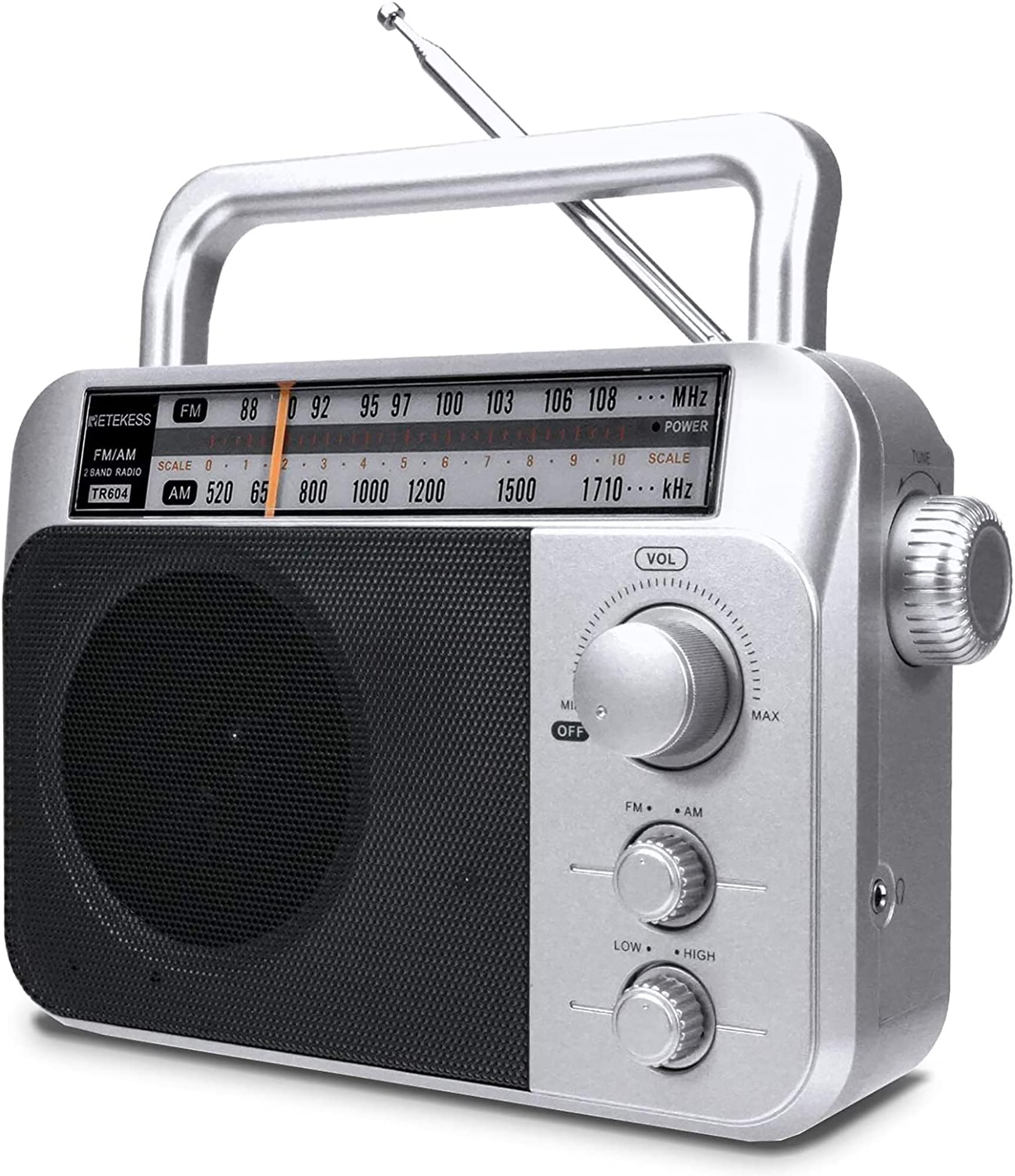 Retekess TR604 Portable AM FM Radio with Earphone Jack - Battery or AC Powered Boombox for Home, Office, Outdoor & Emergency Use (Silver)