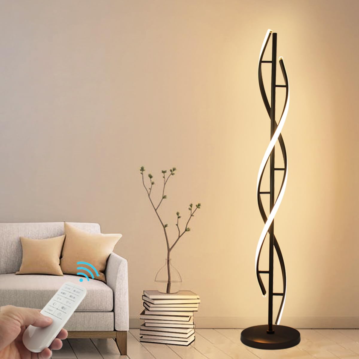 Modern Spiral Floor Lamp - 40W LED Standing Light with Remote Control, 60 Inch Adjustable Height, 3 Color Temperatures & Dimmable Brightness, Black Corner Lamp for Living Room, Bedroom, Office - Perfect for Reading, Relaxing, and Ambient Lighting