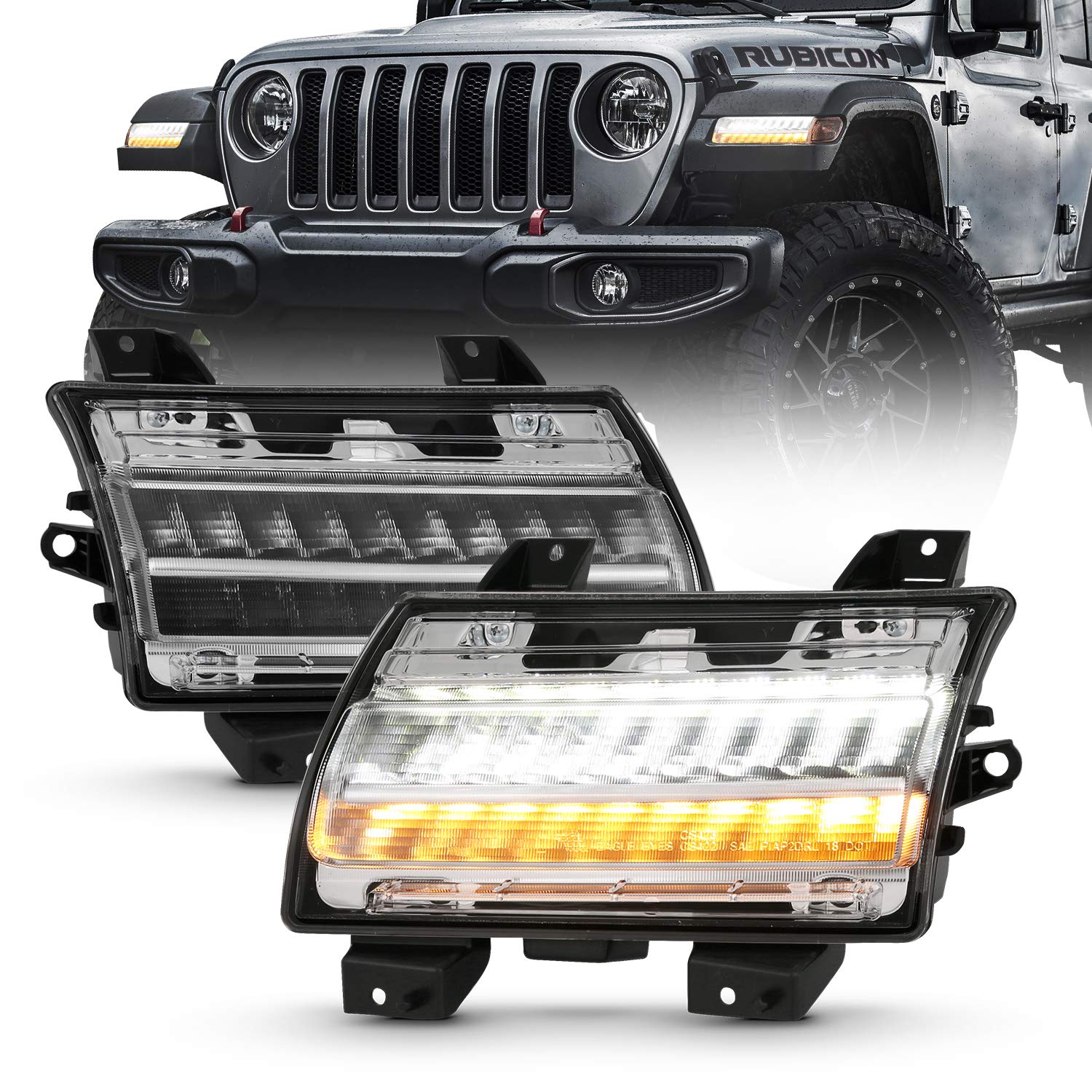 2018-2020 Jeep Wrangler JL Sequential LED Turn Signal Lights - AmeriLite Halogen Replacement with DRL Bumper Parking Lamps (Pair) - Perfect for Off-Roading & Night Driving