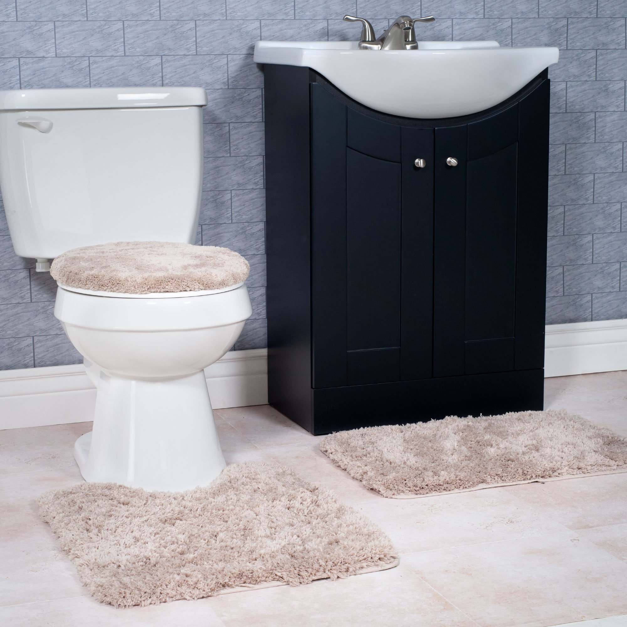 Premium 3-Piece Bathroom Rug Set - Non-Slip Bath Mat with Contour Mat & Toilet Cover - Soft Machine Washable Cotton - Perfect for Bathroom Safety & Decor (Taupe) - Ideal for Master Bath, Guest Bath & Apartment Bathrooms