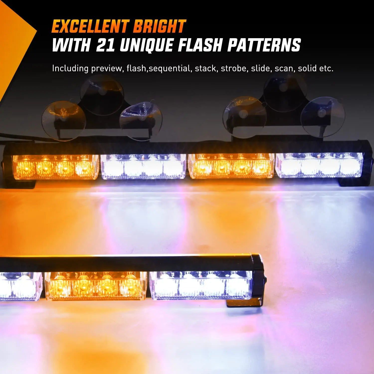 17 Inch 32 LED 2-in-1 Traffic Advisor Emergency Strobe Light Bar - Amber & White Warning Lights for Trucks, Police Cars & Emergency Vehicles - Ideal for Road Safety & Traffic Control