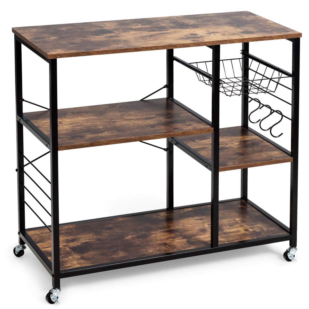 LDAILY Mocha Kitchen Baker's Rack with Wheels - 3-Tier Rolling Storage Shelf for Microwave, Spices & Utensils - Removable Organizer with Metal Frame & 3 Hooks - Perfect for Small Kitchen, Pantry or Laundry Room Storage (Brown)