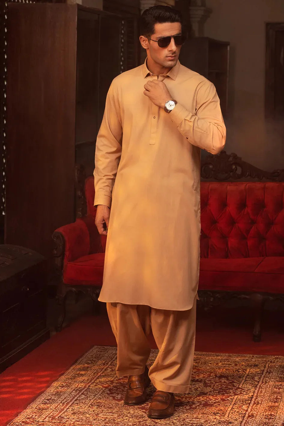 Stylish Blended Beige Kurta Shalwar for Men by J. Junaid Jamshed - Wasim Akram Collection - Perfect for Eid, Weddings & Formal Occasions