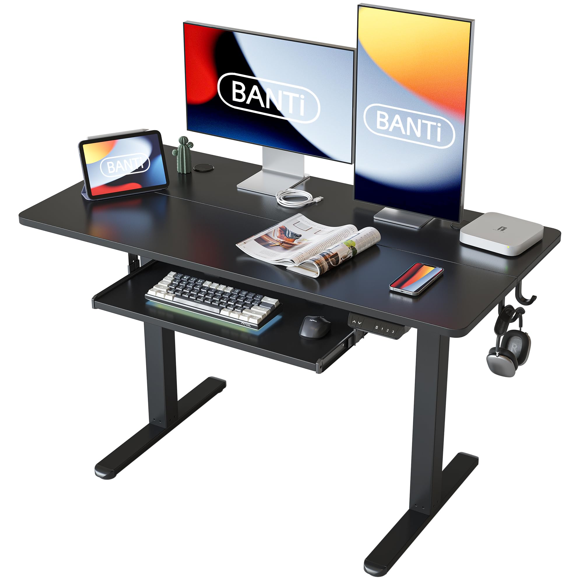 BANTI 48 x 24 Inch Electric Height Adjustable Standing Desk with Keyboard Tray - Black Frame & Black Top - Ergonomic Sit Stand Workstation for Home Office, Gaming & Study