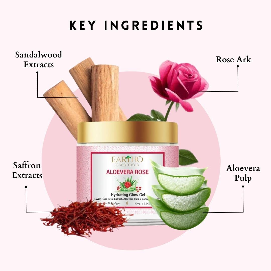 Eartho Essentials Aloe Vera Rose Hydrating Glow Gel with Rose Petal Extract, Aloe Vera Pulp & Saffron Extract 100g + Turmeric Sandalwood Pack 50g - Hydrating Face Mask for Dry Skin, Perfect for Daily Skincare Routine & Spa Treatments