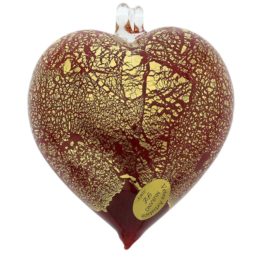 Venetian Murano Glass Heart Christmas Ornament - Handmade Red & Gold Holiday Decoration for Tree, Gift, and Home Décor