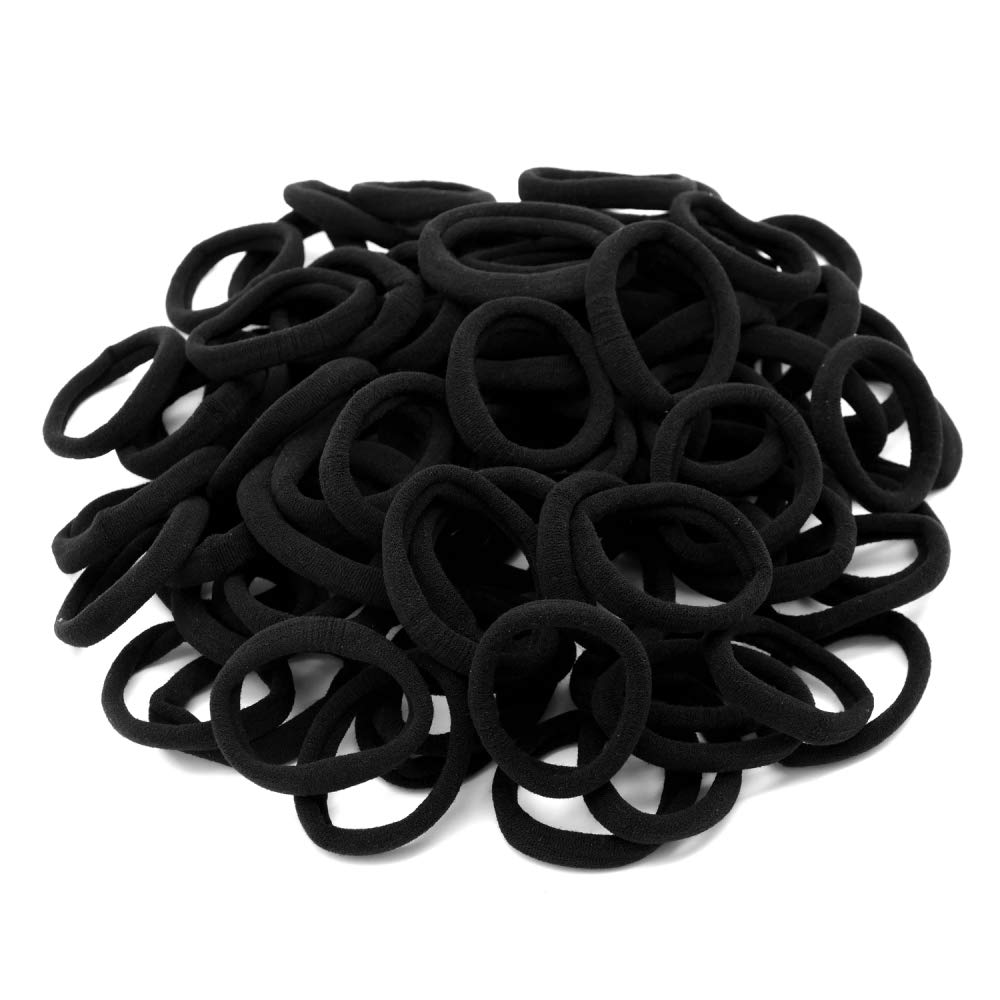 100 Pack Thick Seamless Cotton Hair Ties - No Crease Damage Stretchy Ponytail Holders & Scrunchies for Thick Hair - Black Hair Bands for Women & Girls - Perfect for Workouts, Yoga, Office & Daily Use