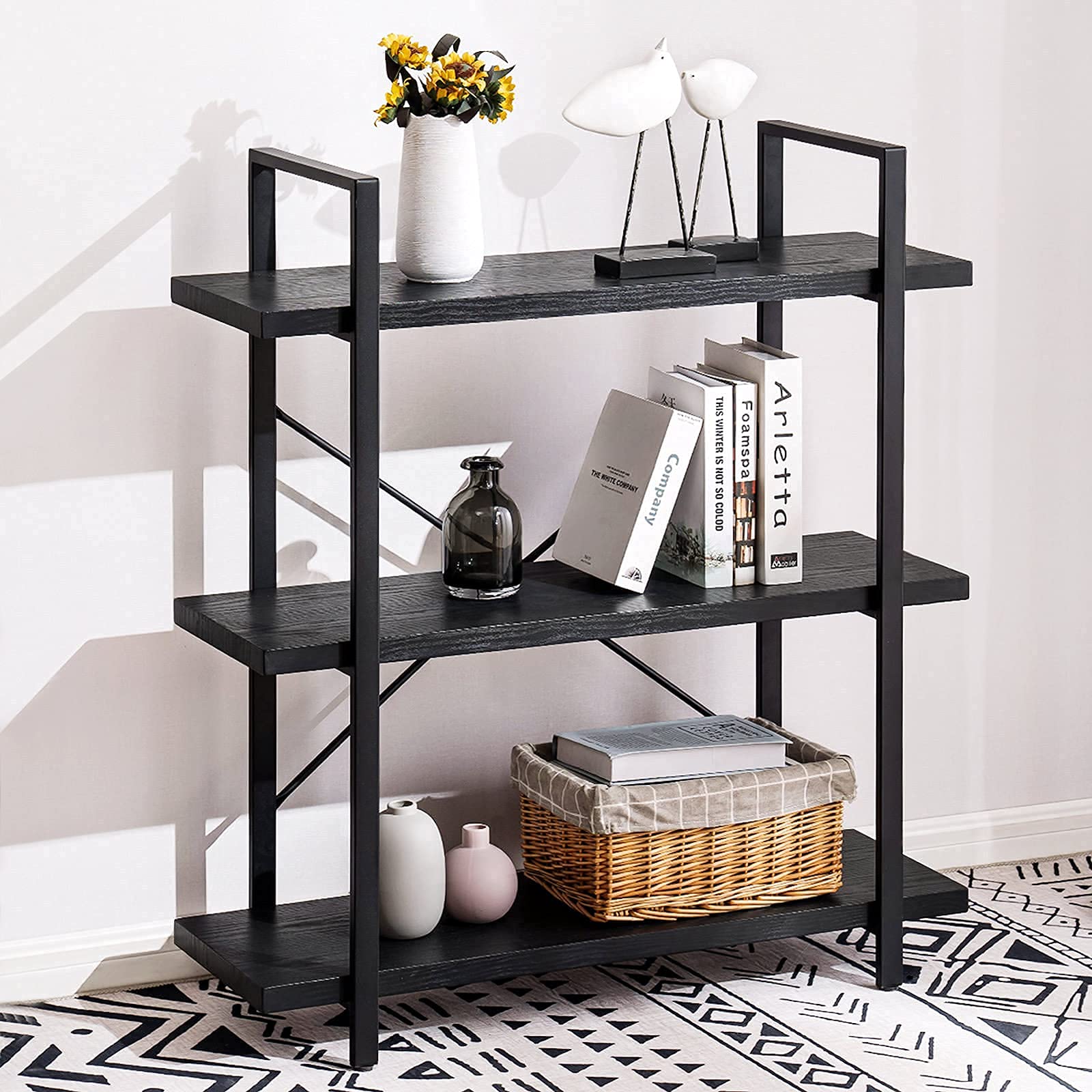 Apicizon 3-Tier Industrial Bookcase Shelf - Modern Wooden Storage & Display Unit for Living Room, Office, Bedroom - Sturdy Ladder Shelf for Home Organization & Decor - Perfect for Books, Plants, Photo Frames & Decorative Items