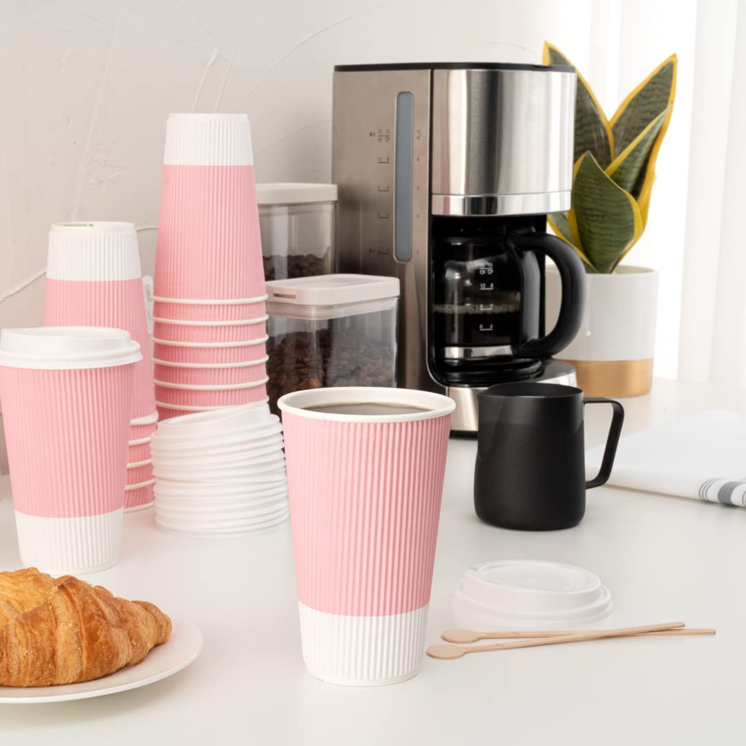 16oz Disposable Coffee Cups - 500 Pack Insulated Hot Paper Cups with Ripple Wall Design, Rolled Rim for Secure Grip, Light Pink - Perfect for Coffee, Tea, Hot Chocolate (Lids Sold Separately) | Ideal for Cafes, Offices, Catering & Home Use