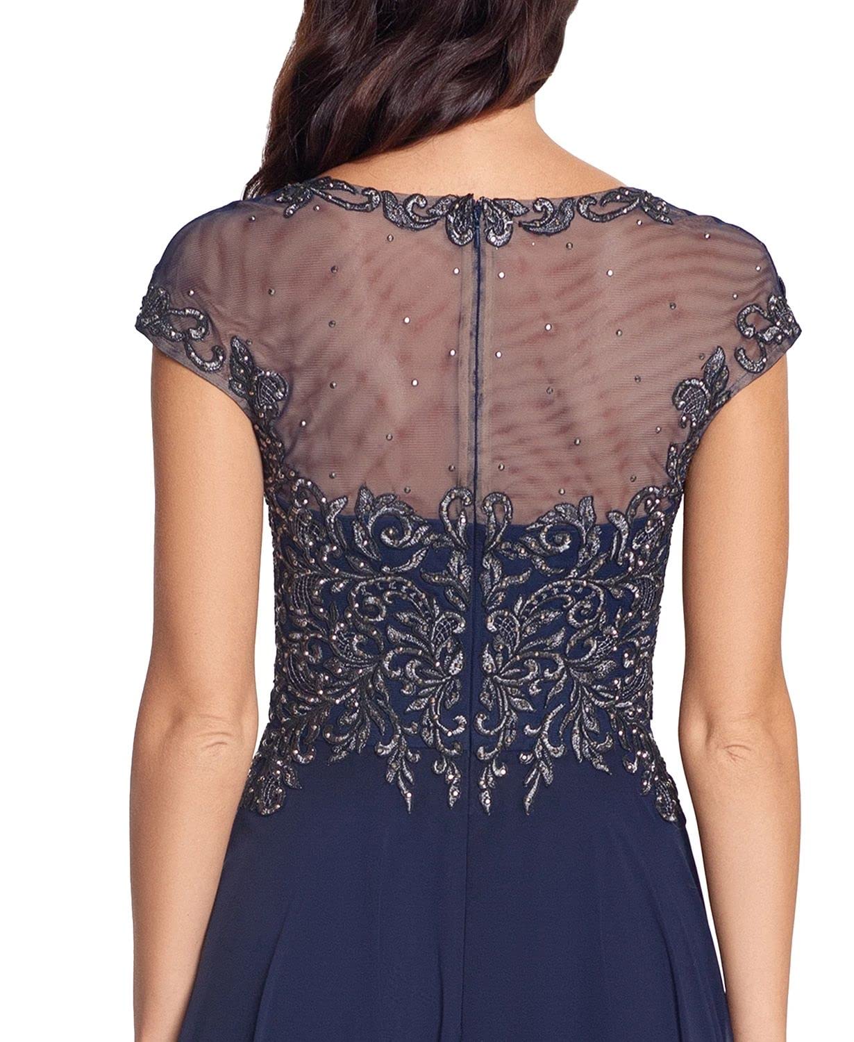 Xscape Long Chiffon Dress with Embroidered Beaded Top - Navy/Gunmetal Size 12 | Elegant Evening Gown for Weddings, Parties & Special Occasions