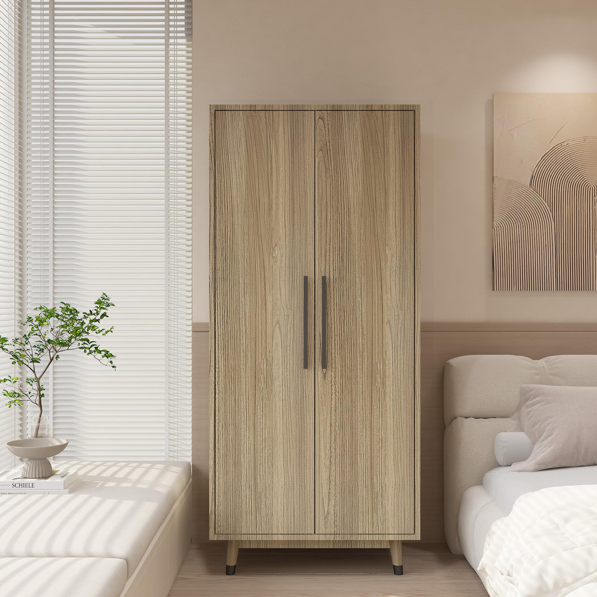 Modern Oak Wood Armoire Wardrobe - 2-Door Freestanding Closet with Adjustable Shelves & Hanging Rod - Spacious Storage Cabinet for Bedroom, Living Room or Walk-In Closet Organization
