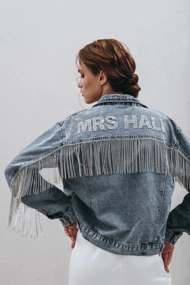 Sparkly Rhinestone Fringe Denim Jacket for Women - Stylish Party & Night Out Outfit - Perfect for Concerts, Clubs, and Special Events