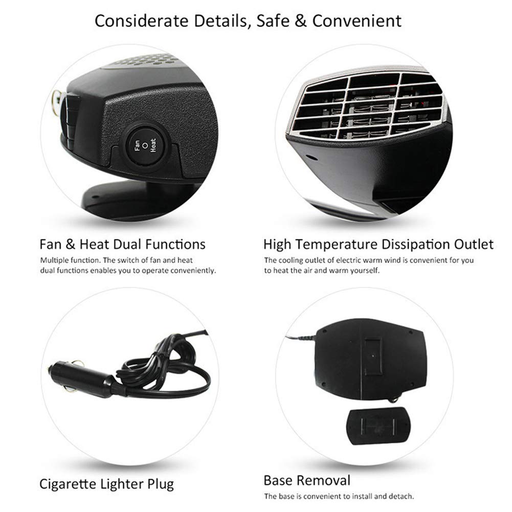 Portable 12V Car Fan Heater & Defroster - 150W Windshield Dehumidifier, Demister & Cooling Fan with Cigarette Lighter Plug - Perfect for Winter Defrosting & Summer Cooling (Gray)