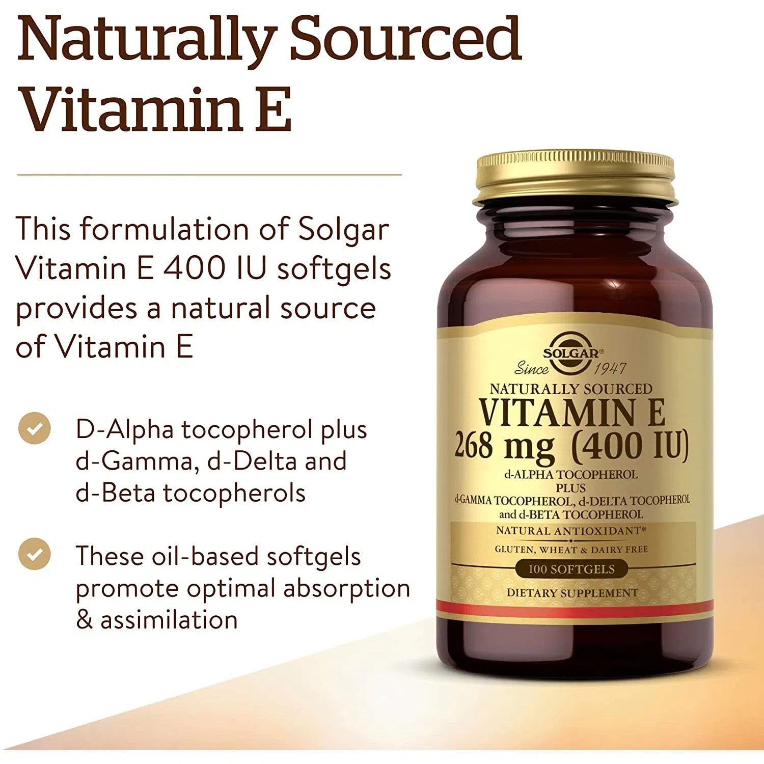 Solgar Naturally Sourced Vitamin E 268mg (400 IU) Softgels - Antioxidant Supplement for Skin, Heart & Immune Health - Supports Healthy Aging & Cellular Protection