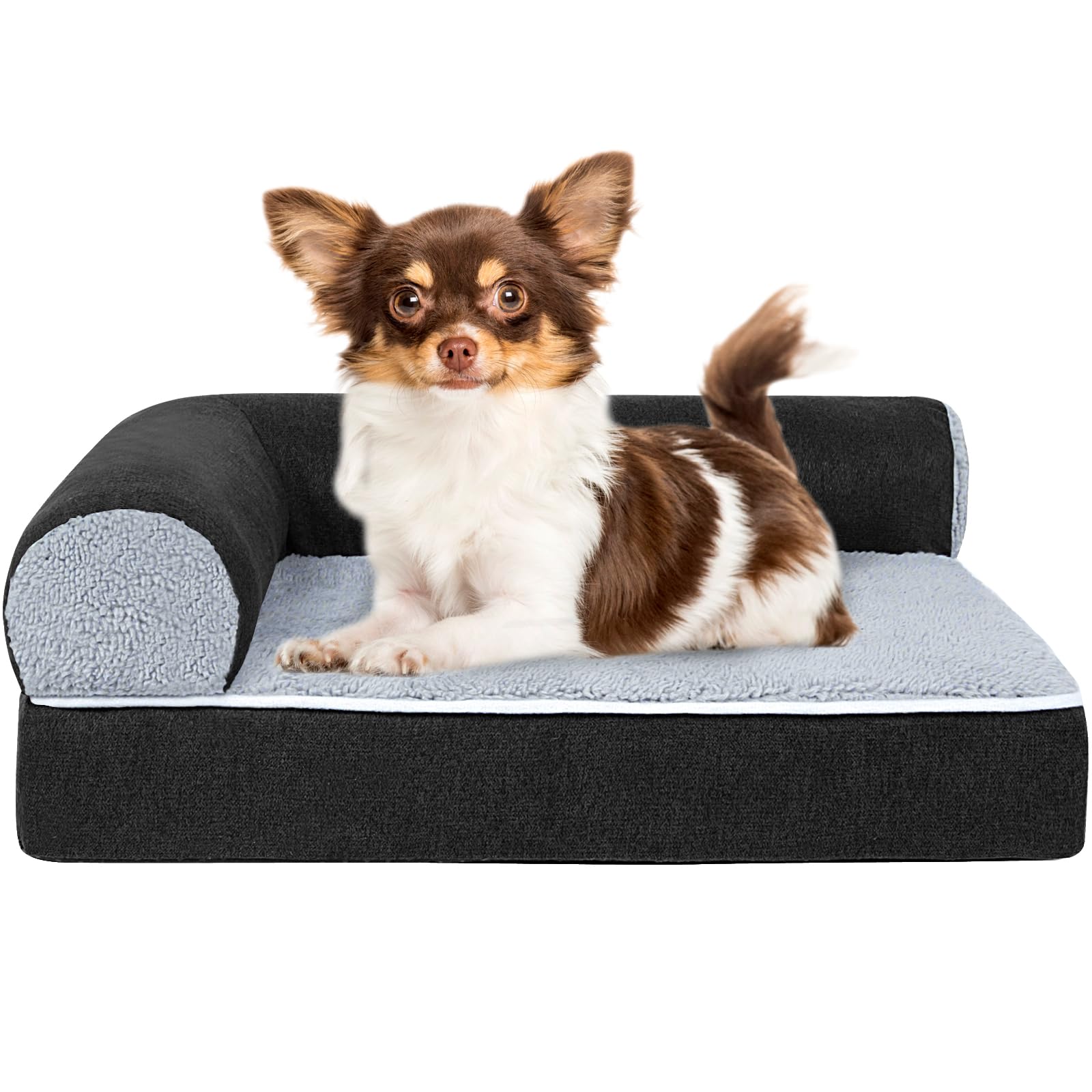 Orthopedic Dog Bed for Small Dogs - L-Shaped Bolster Pet Couch with Waterproof Inner Layer, Washable Cover & Non-Slip Bottom - Removable Comfortable Sofa Bed for Puppies & Senior Dogs - Perfect for Living Room, Bedroom or Pet Nursery (Black)