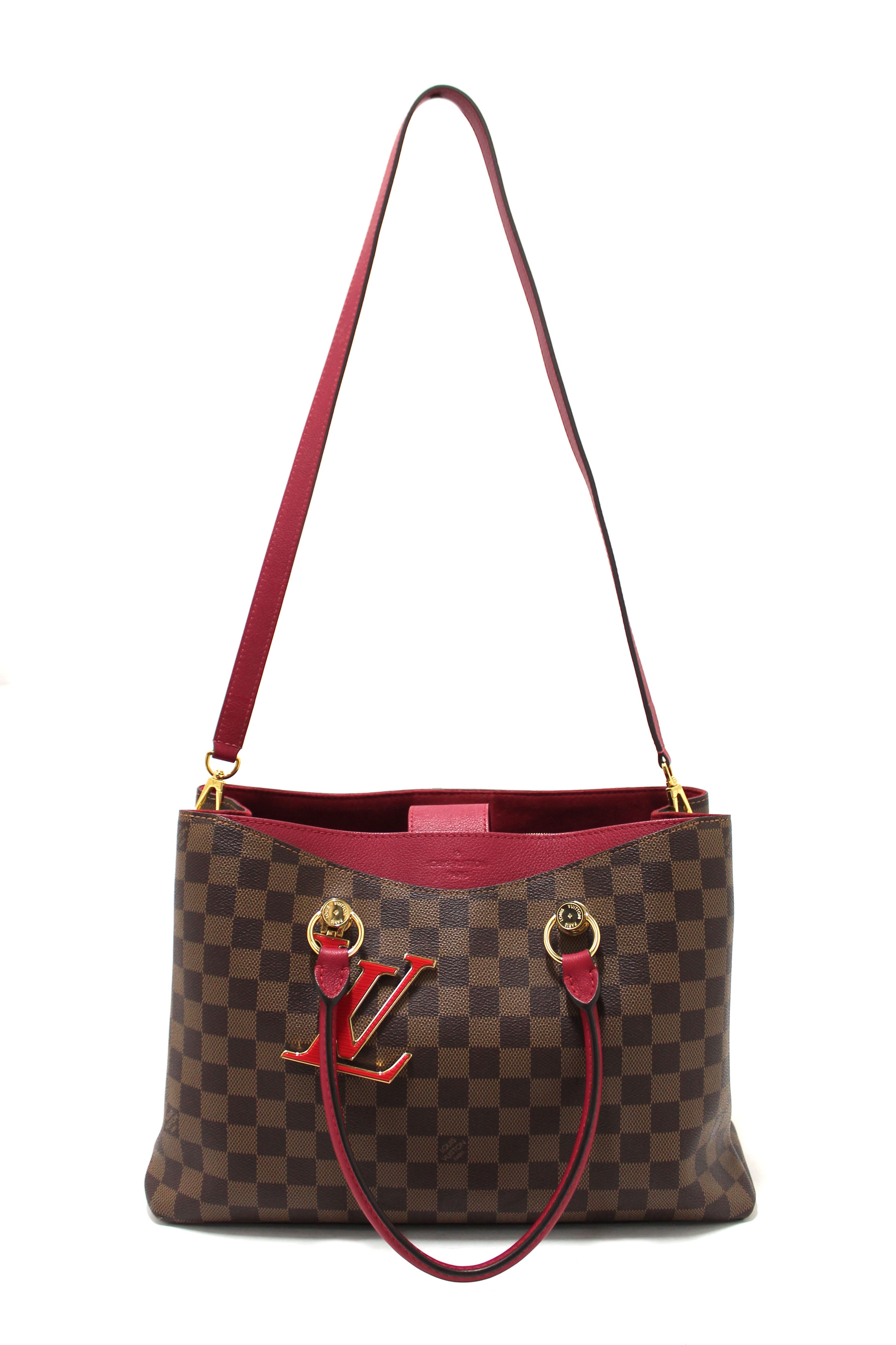 Authentic Louis Vuitton Damier Ebene Canvas Riverside Bag with Red Leather Trim - Luxury Designer Handbag for Women, Perfect for Work, Travel & Evening Events
