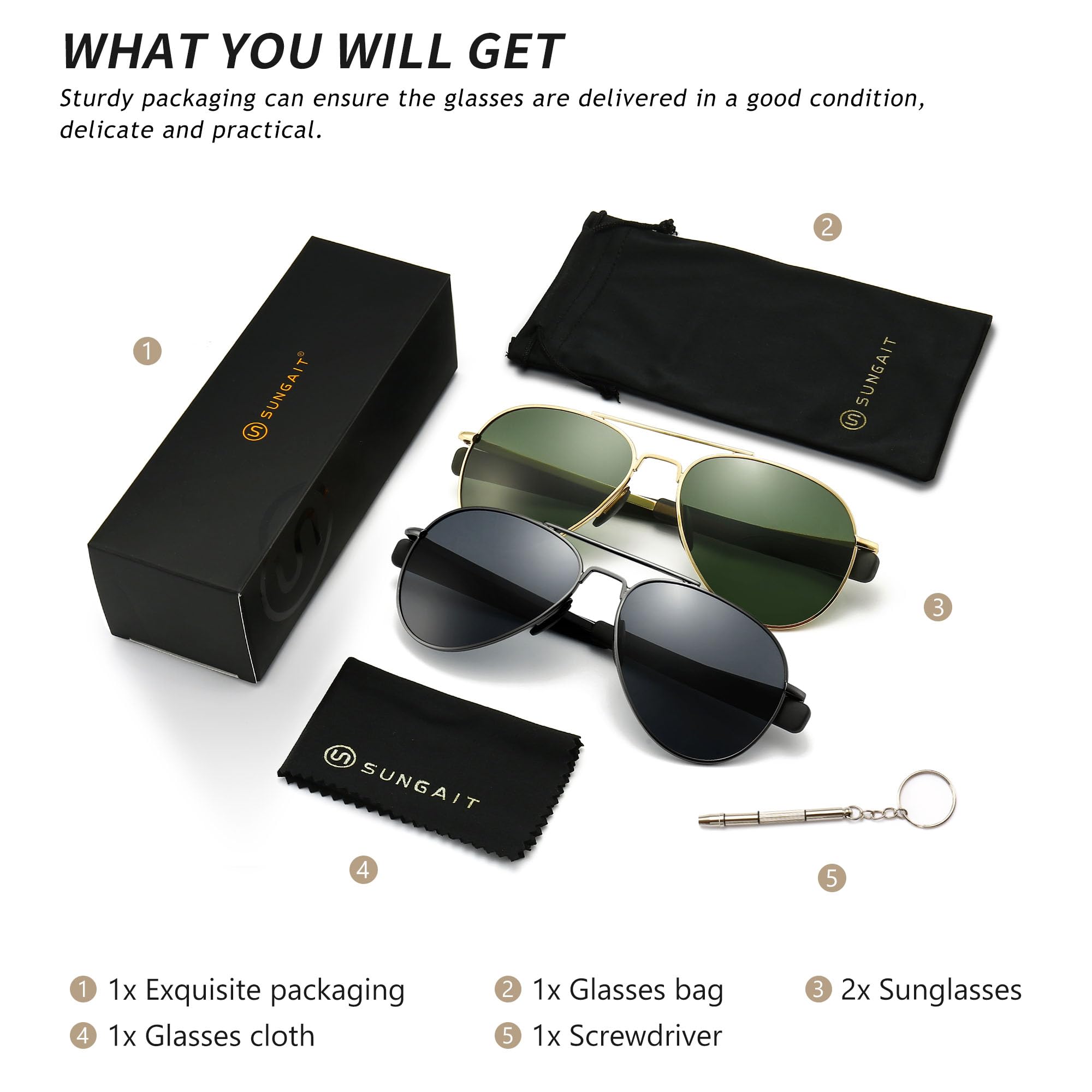 SUNGAIT Polarized Aviator Sunglasses for Men - Military Style, 100% UV400 Protection - Perfect for Driving, Outdoor Sports & Summer Fashion