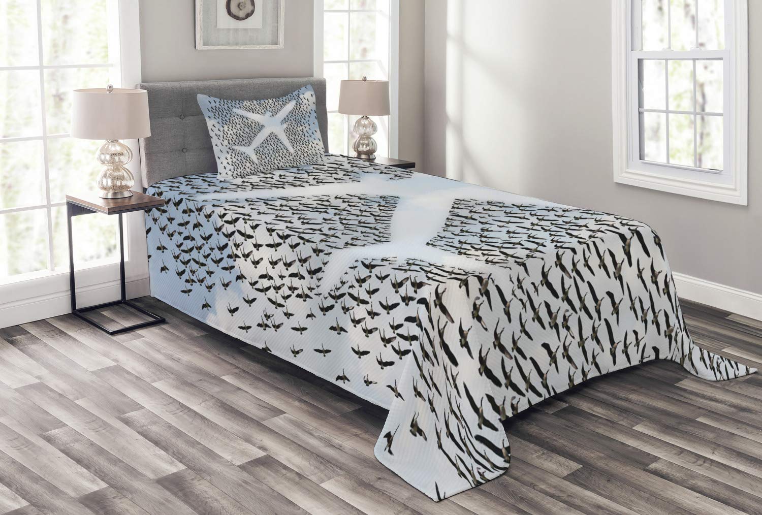 Ambesonne Twin Size Travel Bedspread Set - 2 Piece Quilted Coverlet with Pillow Sham, Airplane & Doves Design in Pale Blue Black White | Adventure Vacation Theme Bedding for Guest Room, Dorm, RV & Air Travel