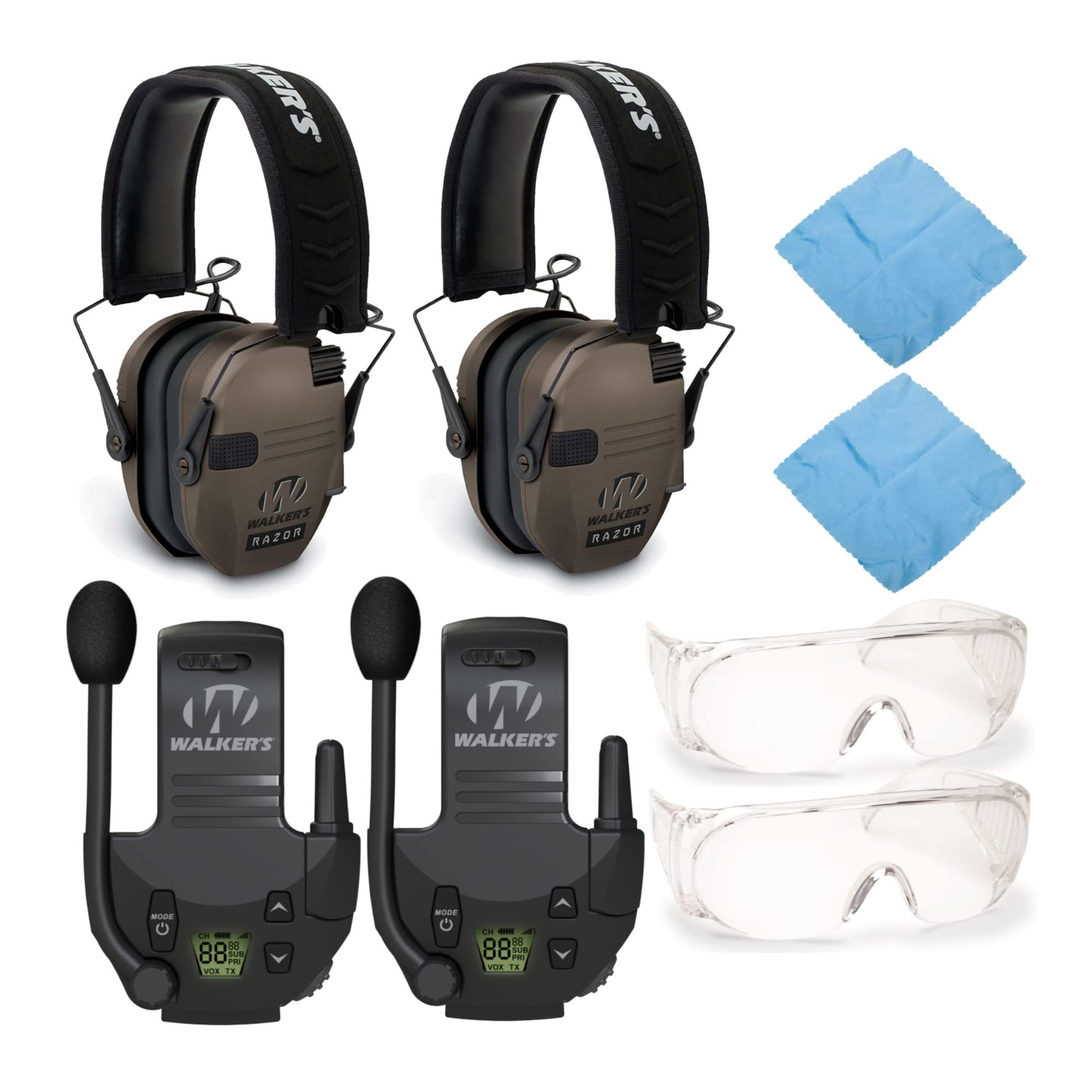 Walker's Razor Slim Electronic Shooting Earmuffs 2-Pack - Noise Cancelling Hearing Protection with Walkie Talkie Communication & OTG Safety Glasses - Perfect for Hunting, Shooting Range, and Outdoor Sports Activities